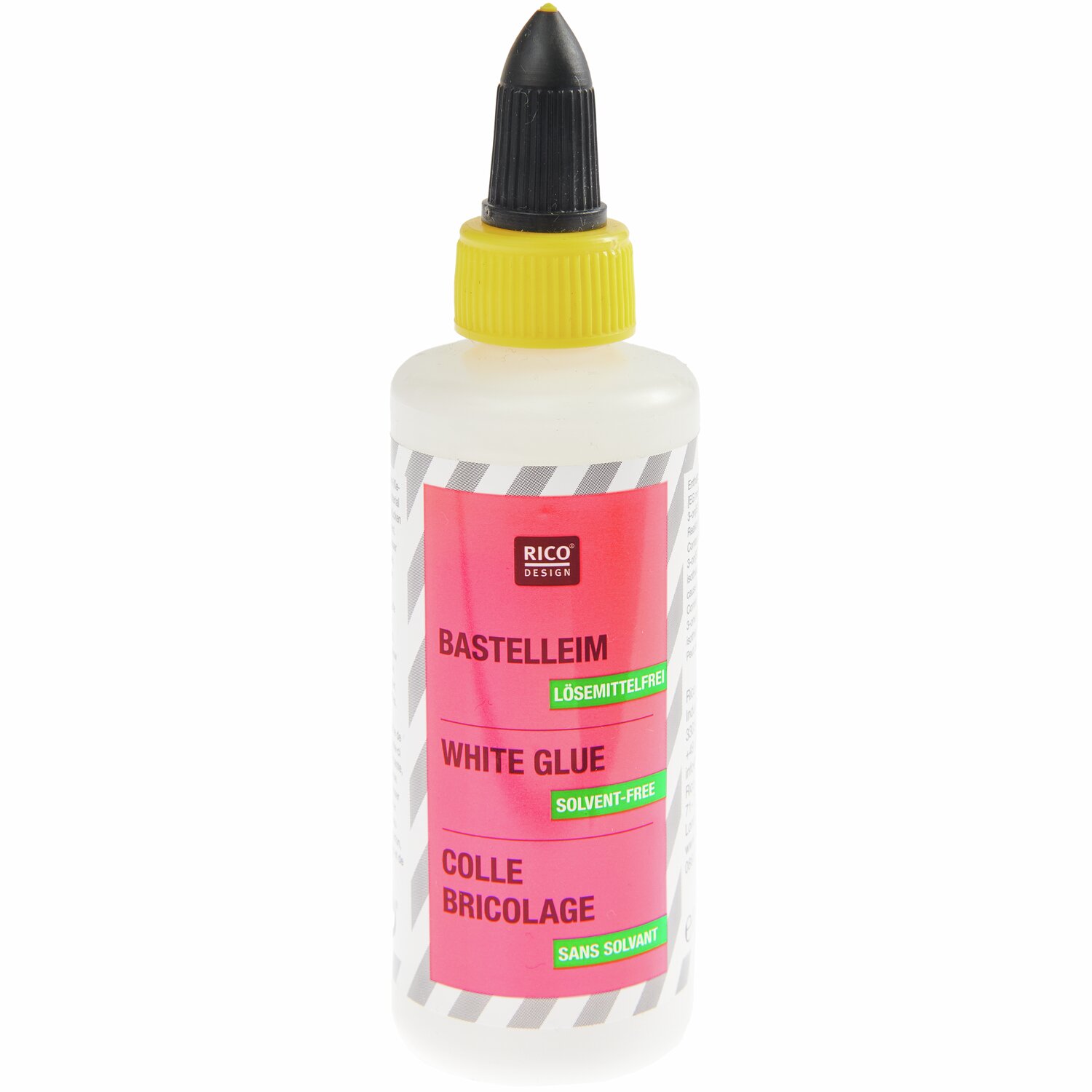 Bastelleim von Rico Design in einer weißen Flasche mit gelber Kappe und schwarzer Spitze.