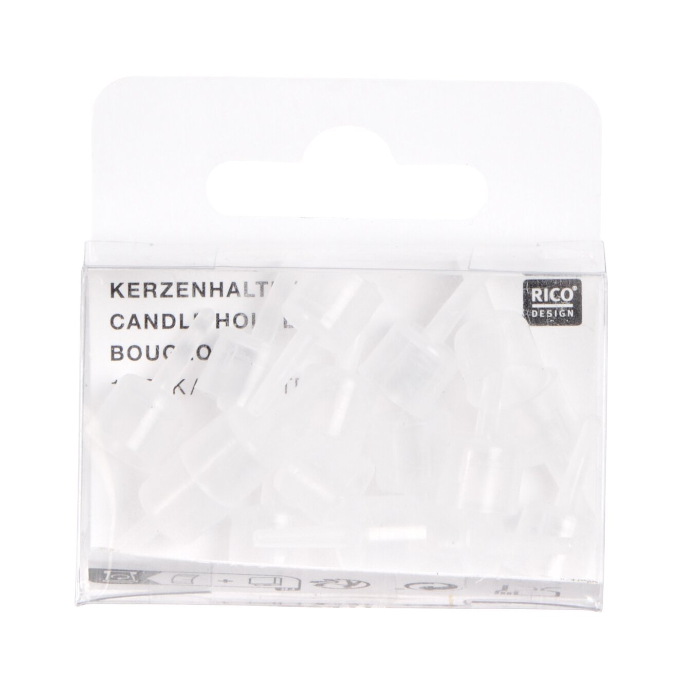 Kerzenhalter 16 Stück von Rico Design, aus klarem Kunststoff in Blisterverpackung, mehrere kleine Halter für Dekokerzen und DIY-Bastelprojekte sichtbar
