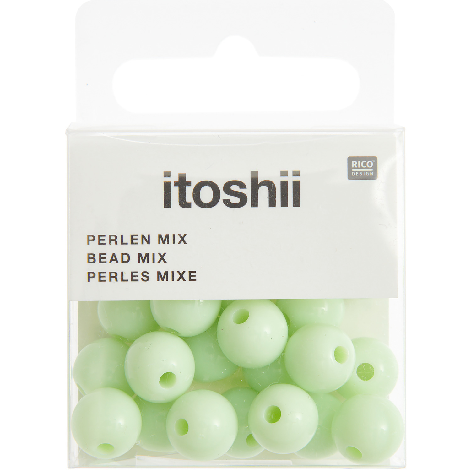 Itoshii Kunststoffperlen 10mm, 24 Stück in hellgrün, präsentiert in einer transparenten Verpackung. Ideal für kreative Bastelprojekte.