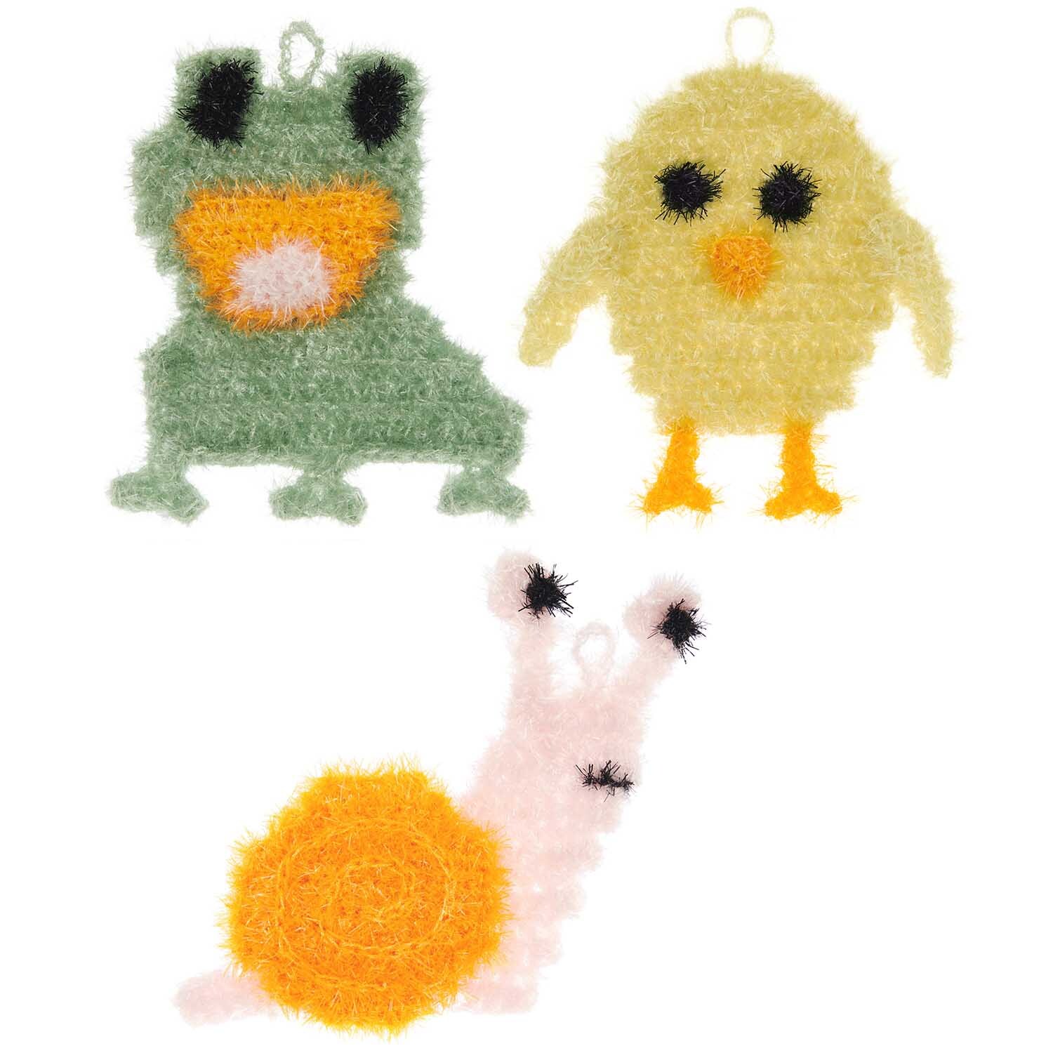 Häkelset Creative Bubble Kleine Tierchen zeigt drei bunte, flauschige Tierfiguren: Frosch, Küken und Schnecke. Ideal für kreative Bastelprojekte.