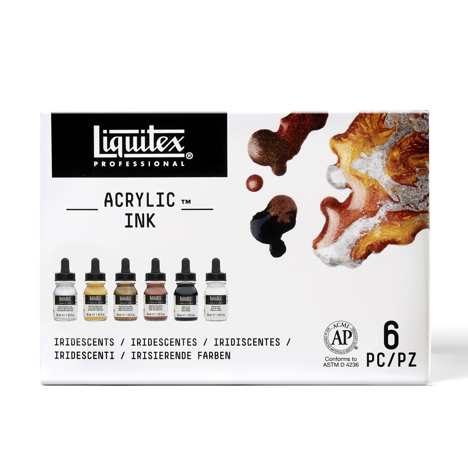 Ink flüssige Acrylfarbe Set Metallic 6x30ml zeigt sechs Flaschen mit irisierenden Farben von Liquitex.