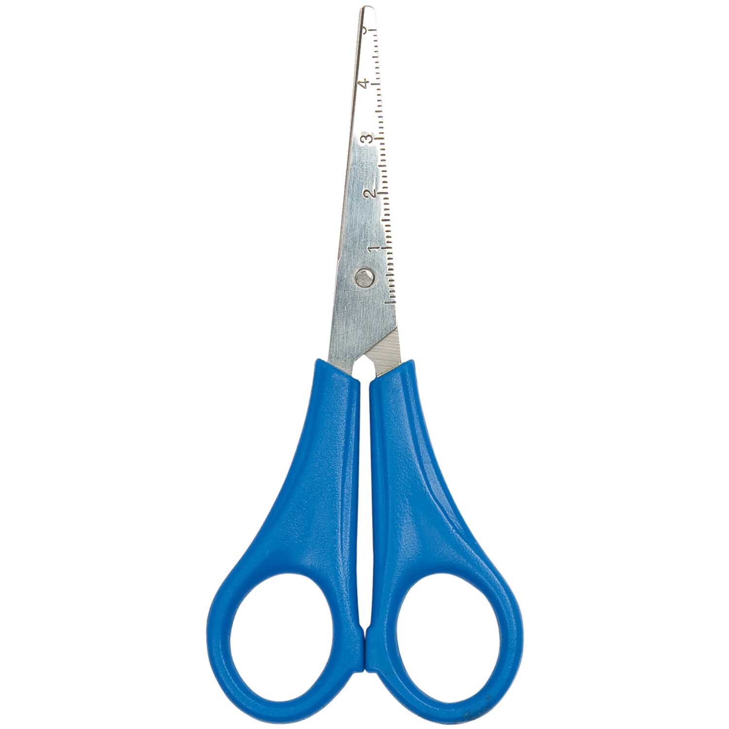 Kinderschere spitz 13,5cm von Rico Design in Blau, ideal für präzises Schneiden mit Maßskala.