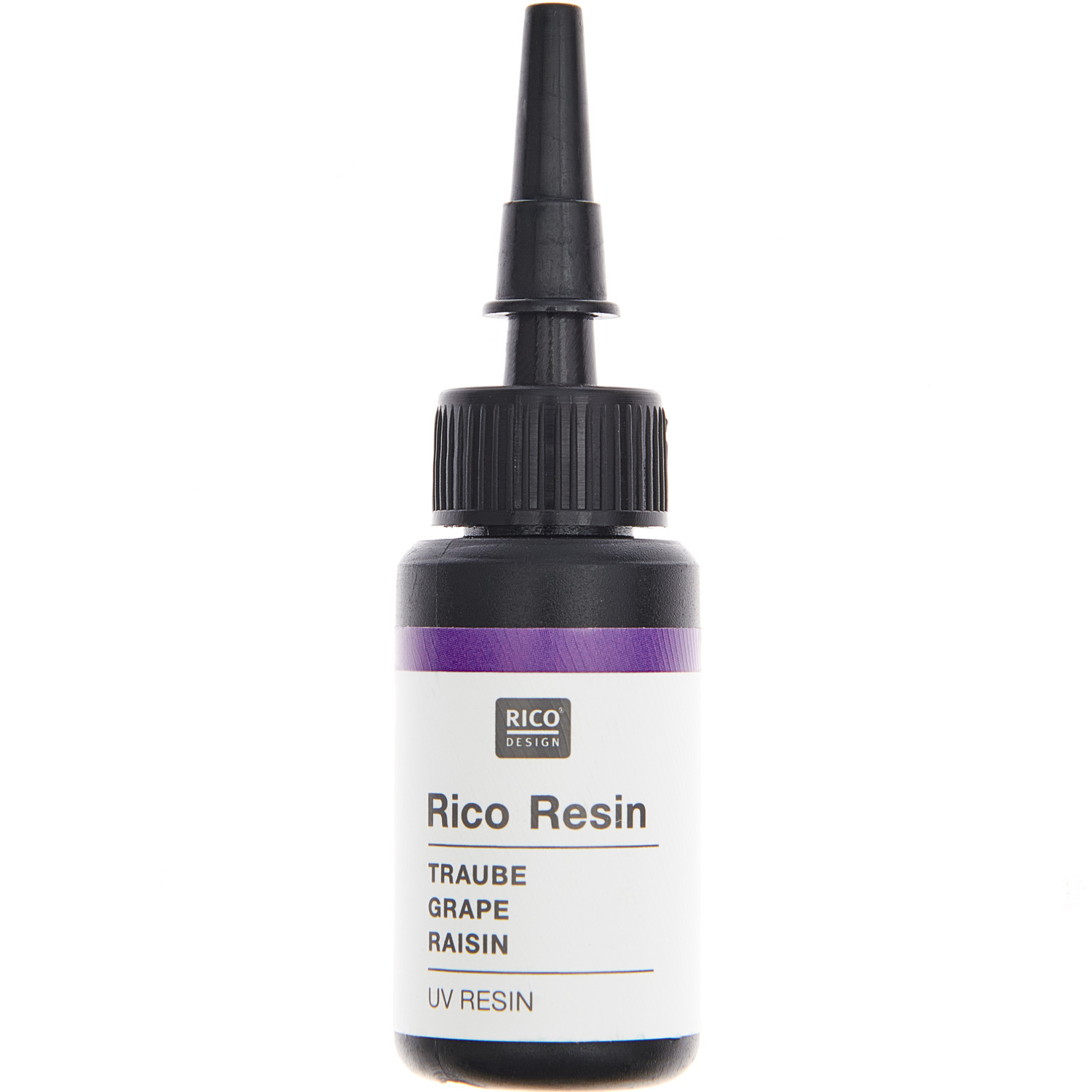 UV Resin, 10ml Flasche von Rico Design in Traube. Schwarze Kappe, lila Etikett. Ideal für kreative Projekte.