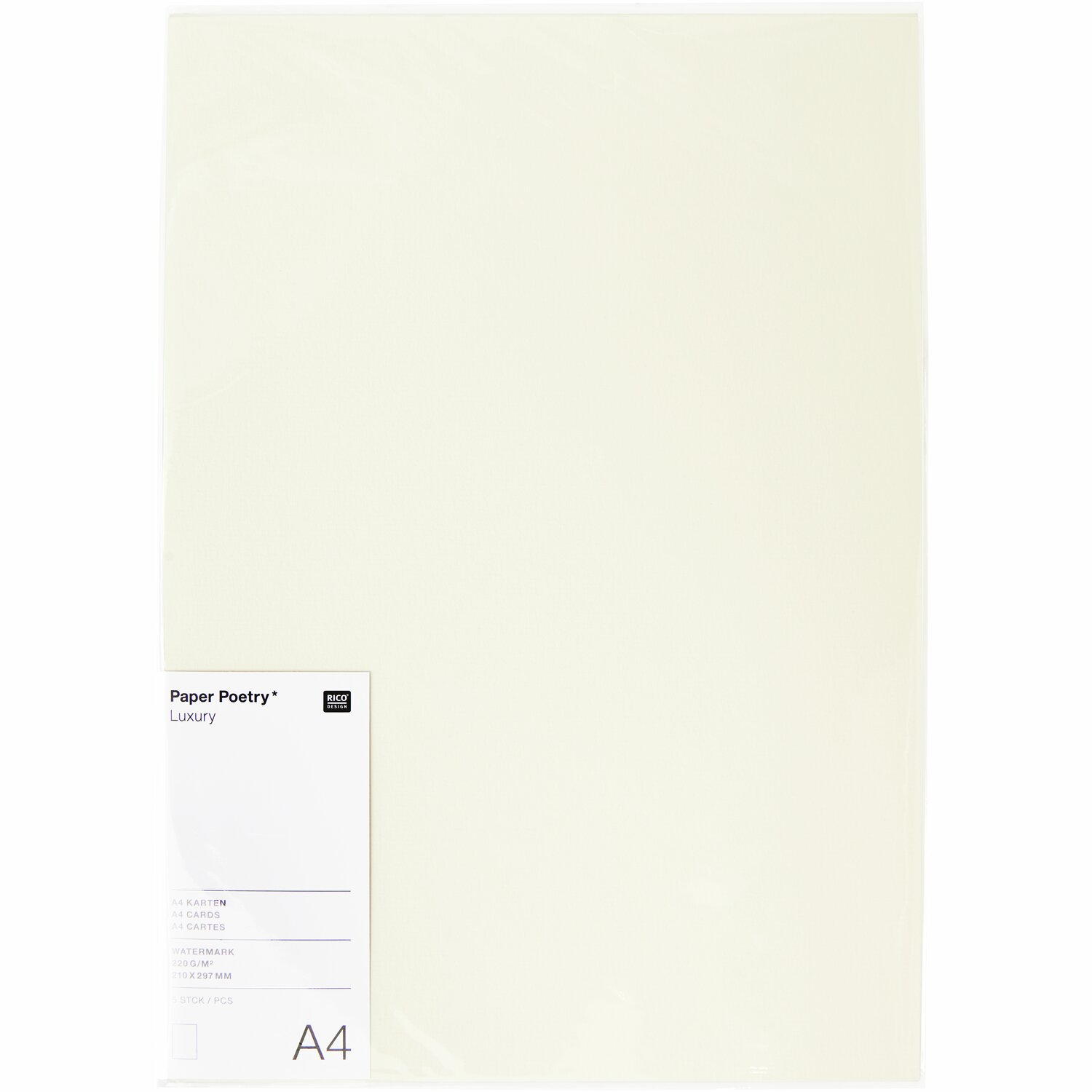 Paper Poetry Luxury Karten A4 zeigen fünf elegante Karten in Creme von Rico Design, ideal für kreative Projekte.