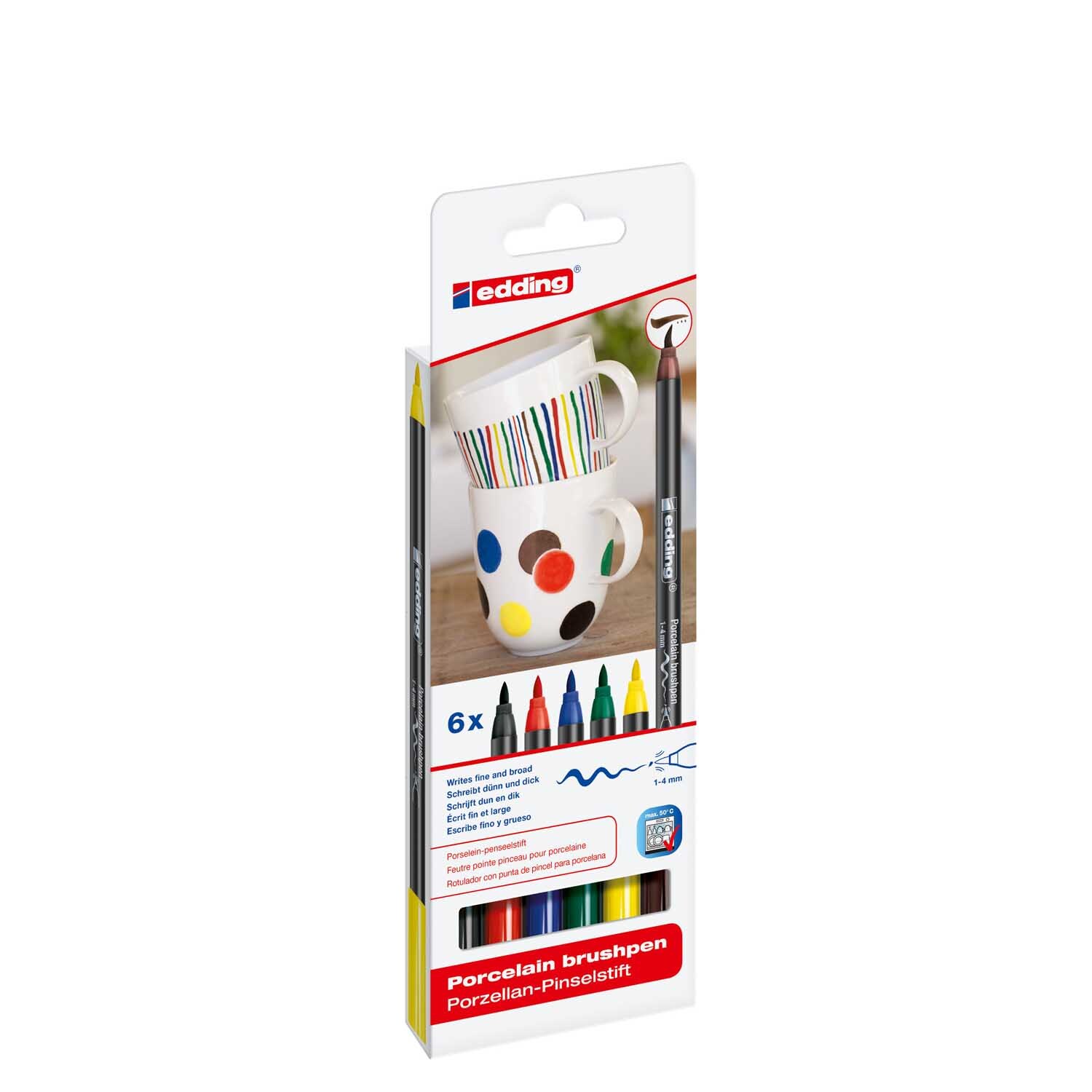 4200/6 S porcelain brushpen family colours von edding: Set mit mehrfarbigen Stiften, ideal zum Bemalen von Porzellan. Verpackung zeigt bemalte Tasse.