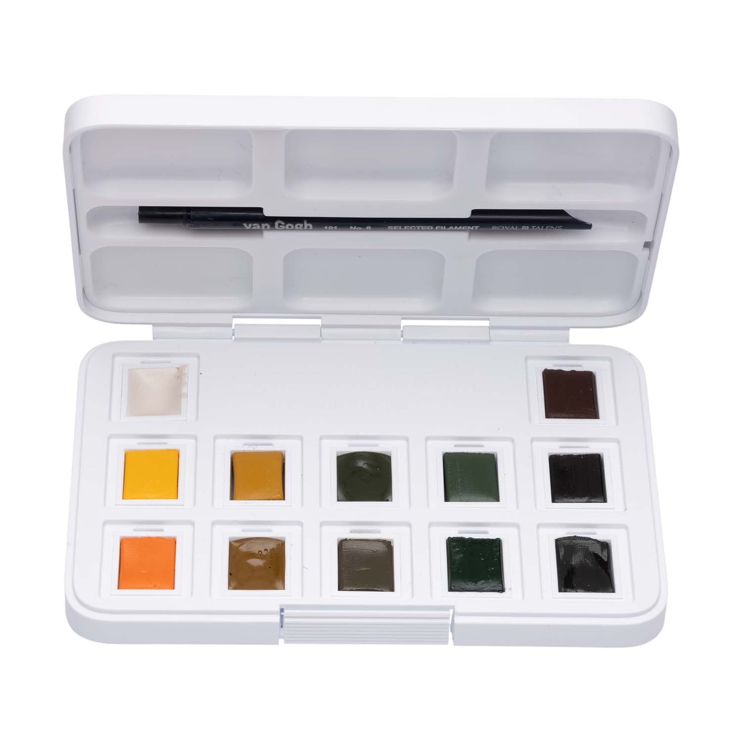 Aquarell Set Naturfarben 12 Näpfchen mit verschiedenen Farbtönen in einer weißen Box, inklusive Pinsel.