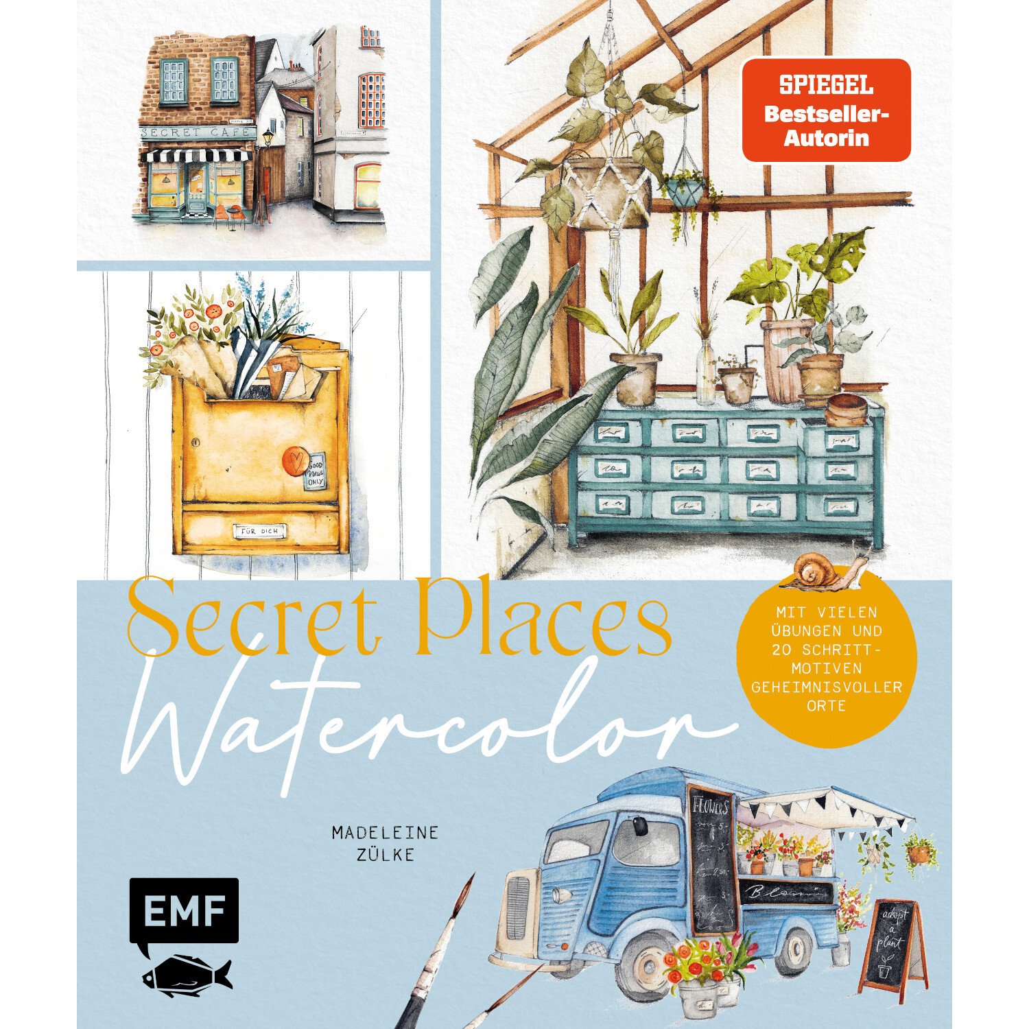 Secret Places - Watercolor: Ein Buchcover mit Aquarellillustrationen von Gebäuden und Pflanzen. Marke EMF.