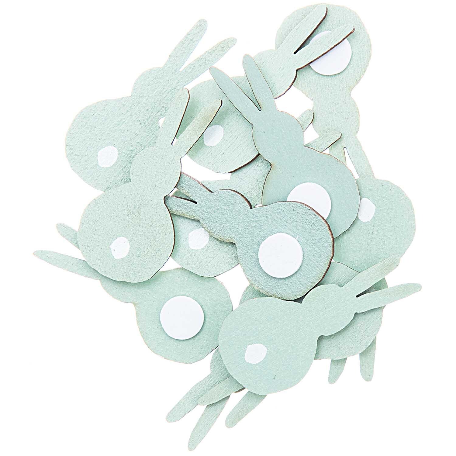 Holzsticker Hase 12 Stück in Mint von Rico Design, zeigen niedliche Hasenformen mit weißen Punkten.