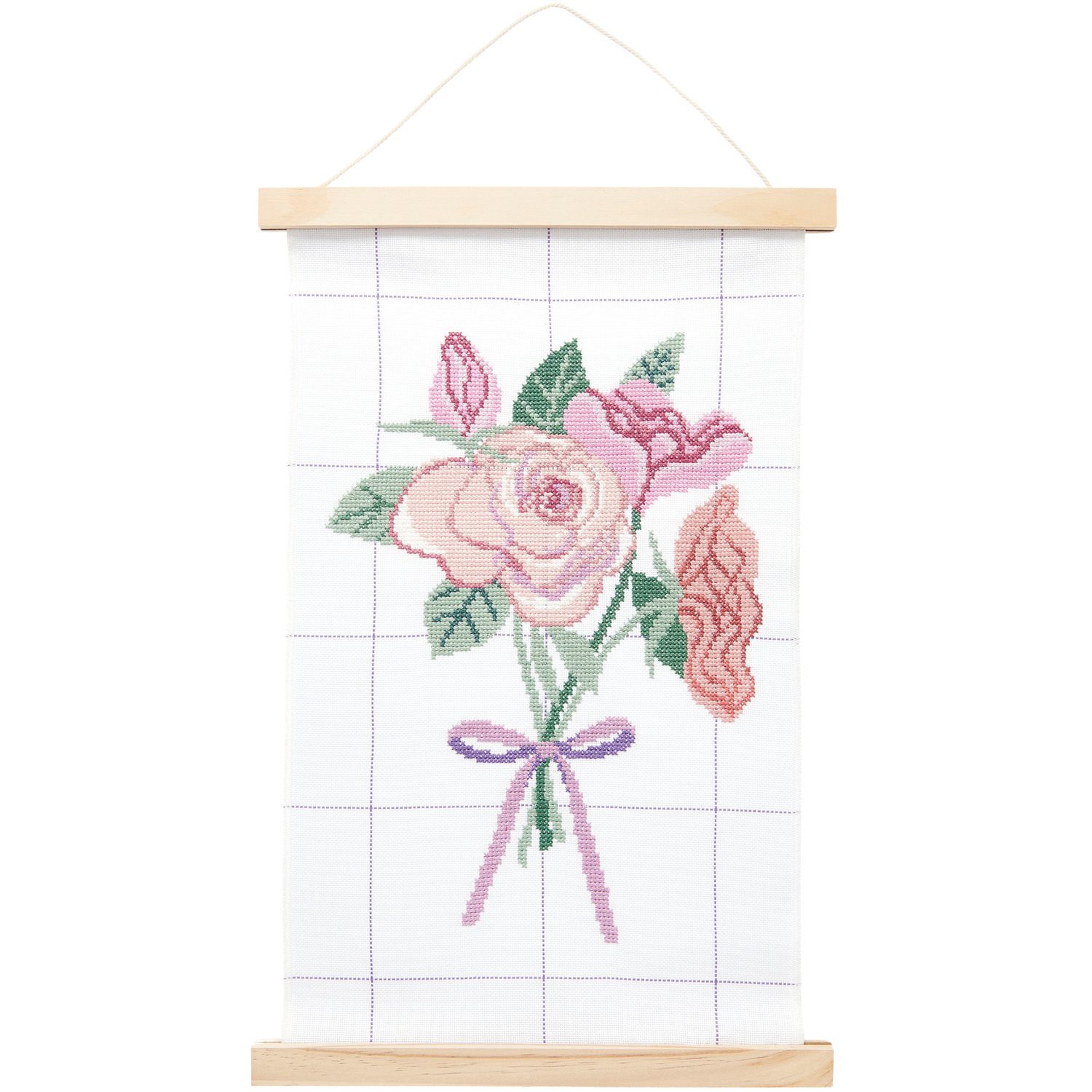 Stickpackung Bild Blumenstrauß mit Posterhänger zeigt zarte Blumen in Rosa und Grün auf weißem Hintergrund, 30x47cm.
