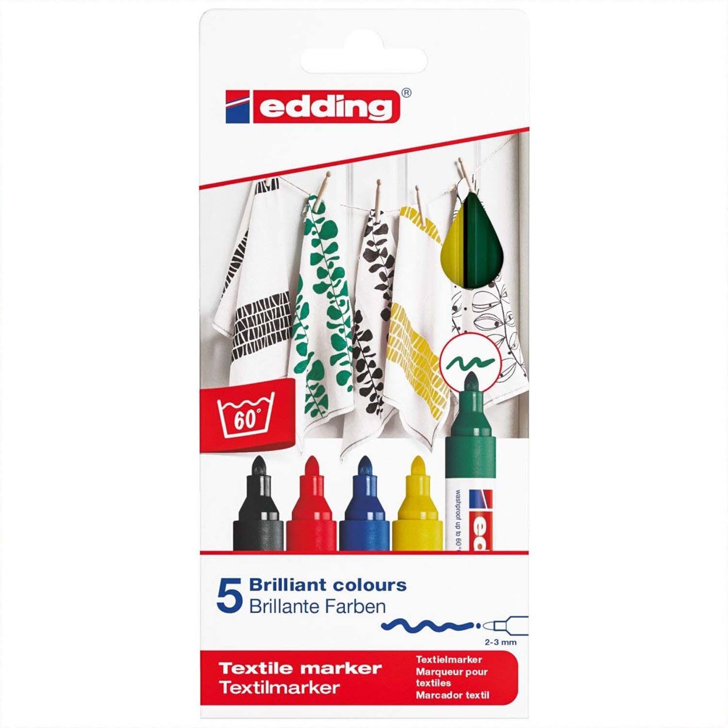 Textilmarker Set Basic: Fünf brillante Farben von edding, ideal zum Gestalten von Stoffen.