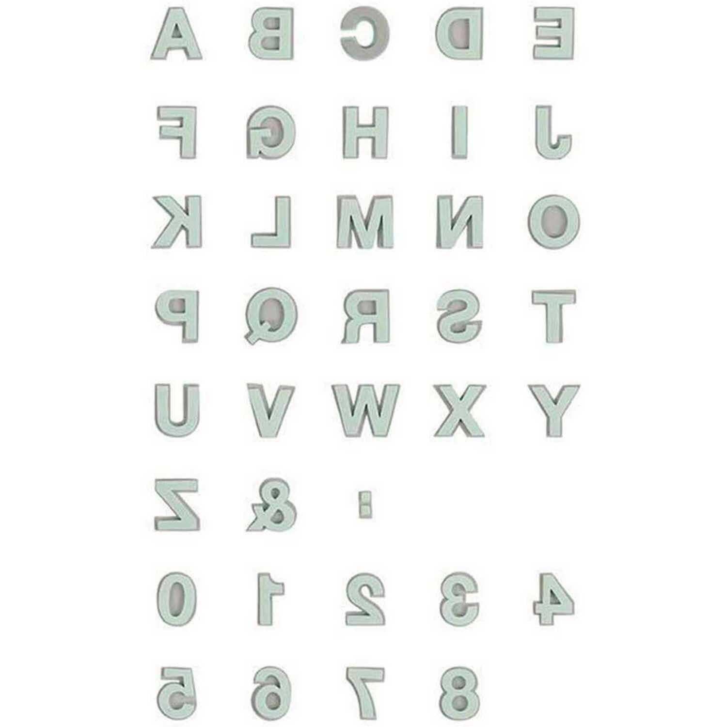 Moosgummistempel Set Alphabet 2: 37-teiliges Set von Rico Design mit Buchstaben und Zahlen in hellem Grün. Ideal für kreative Projekte.