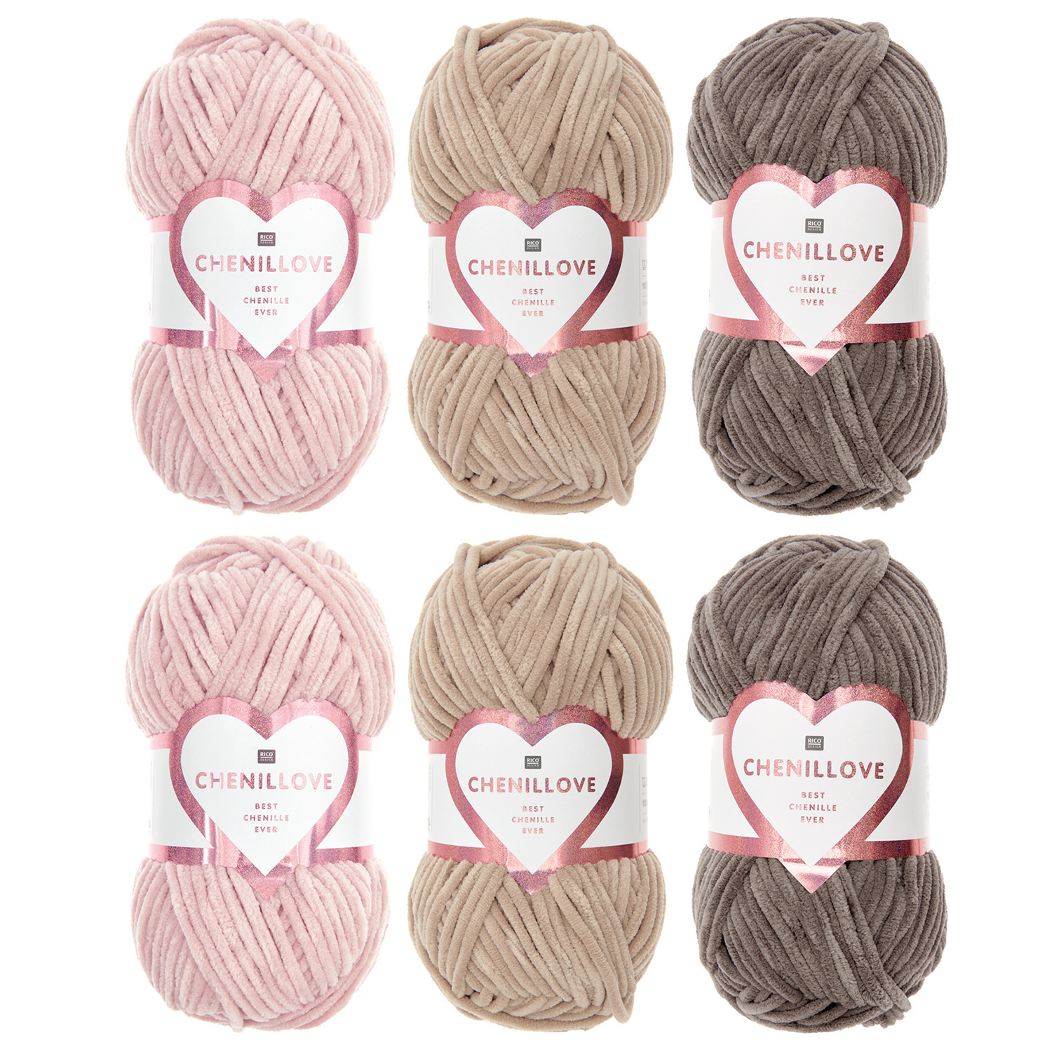 Wollpaket Chenillove Earthy Colours mit sechs Knäueln in sanften Erdtönen von Rico Design.