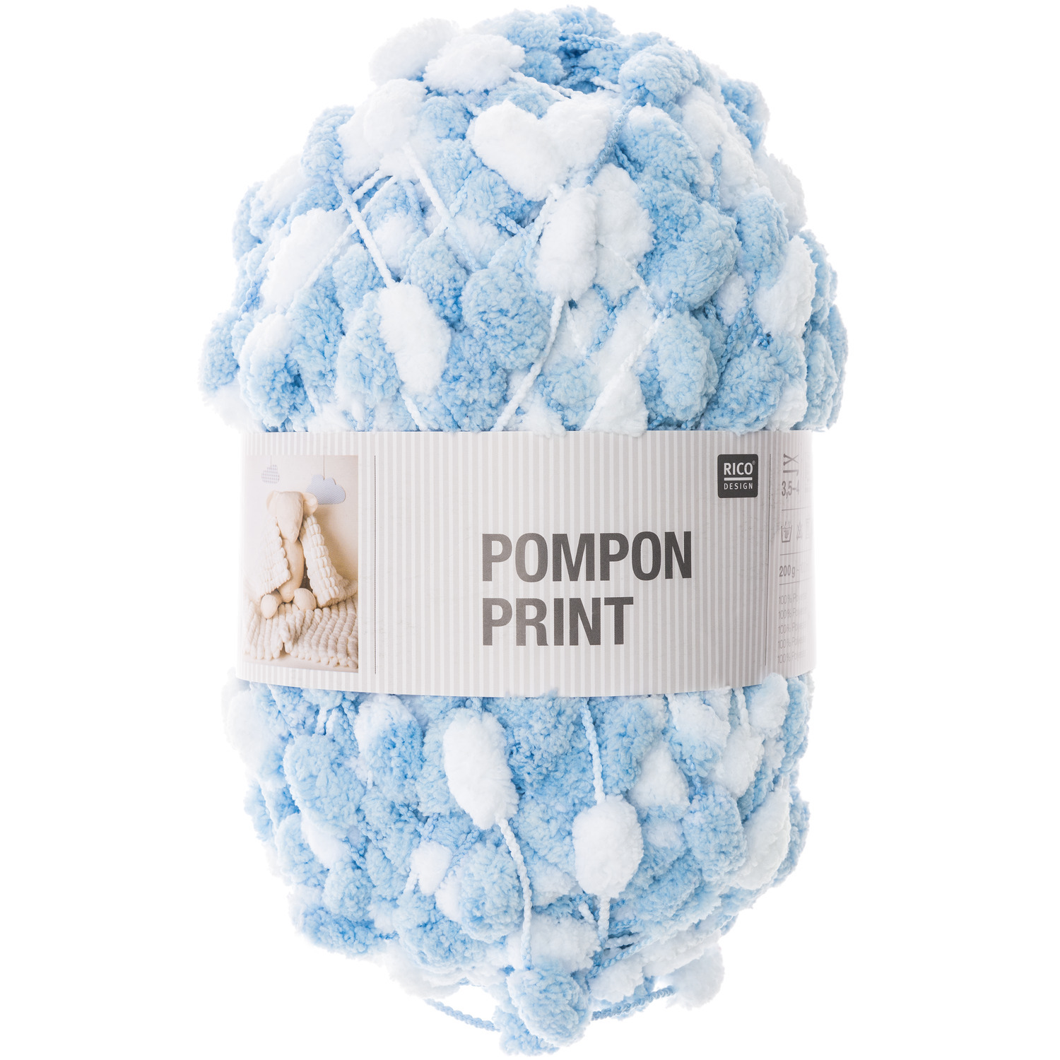 Creative Pompon Print von Rico Design in Babyblau, 200g. Flauschiges Garn für kreative Strickprojekte.