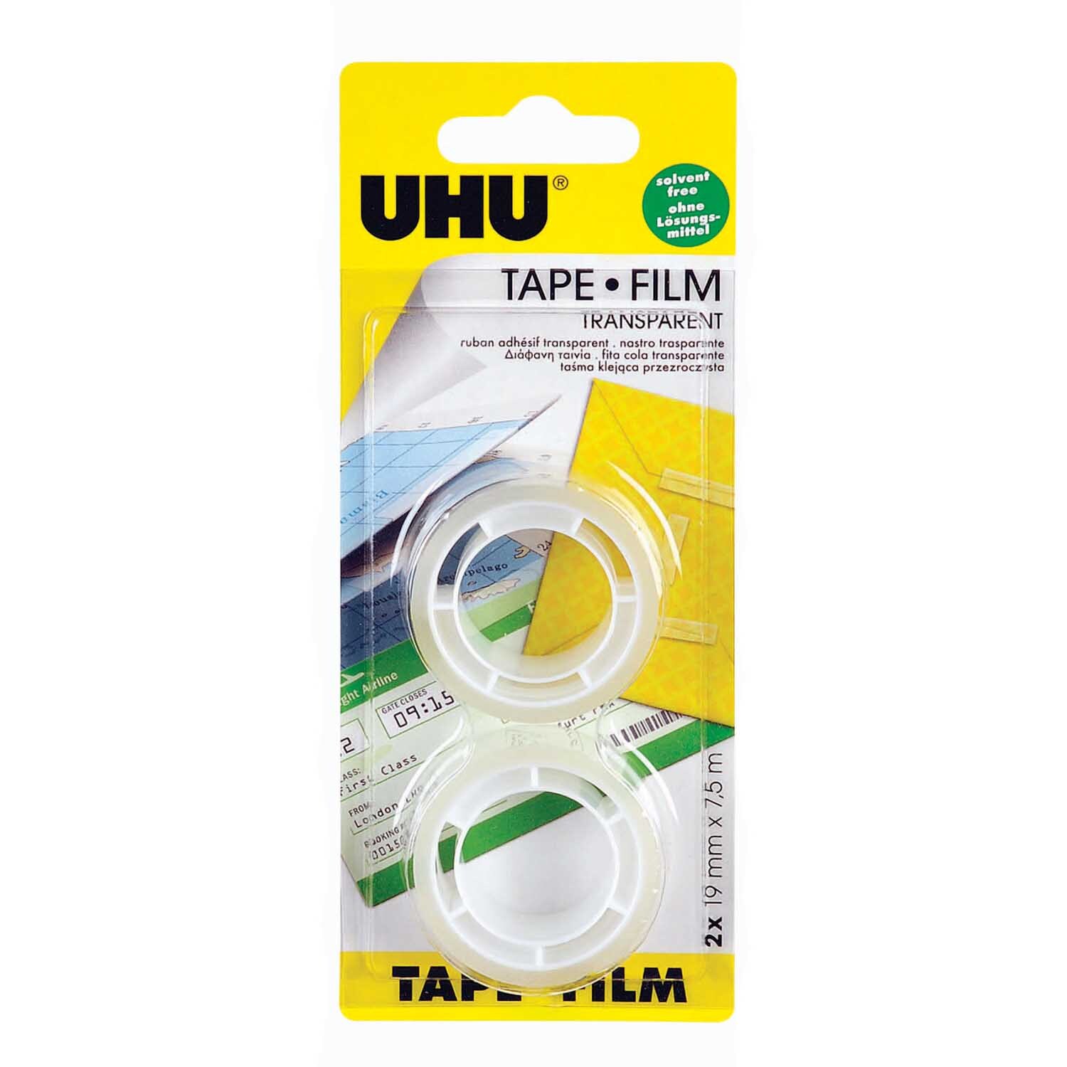 Nachfüllrolle tape kristallklar 7,5mx19mm 2 Stück von UHU, zeigt zwei transparente Klebebandrollen in einer gelben Verpackung.