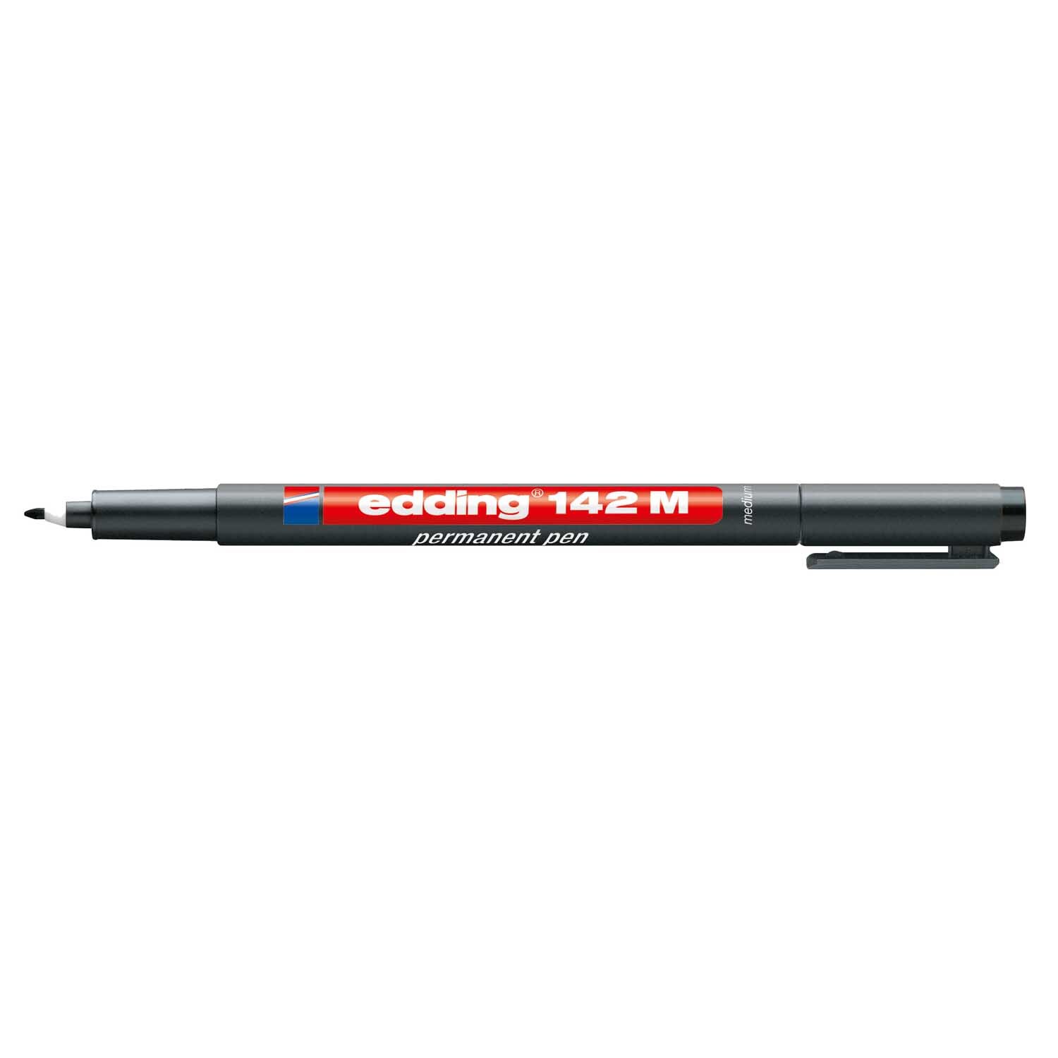 143 B OHP-Marker von edding, permanent, schwarz. Der Marker liegt auf schwarzem Hintergrund.