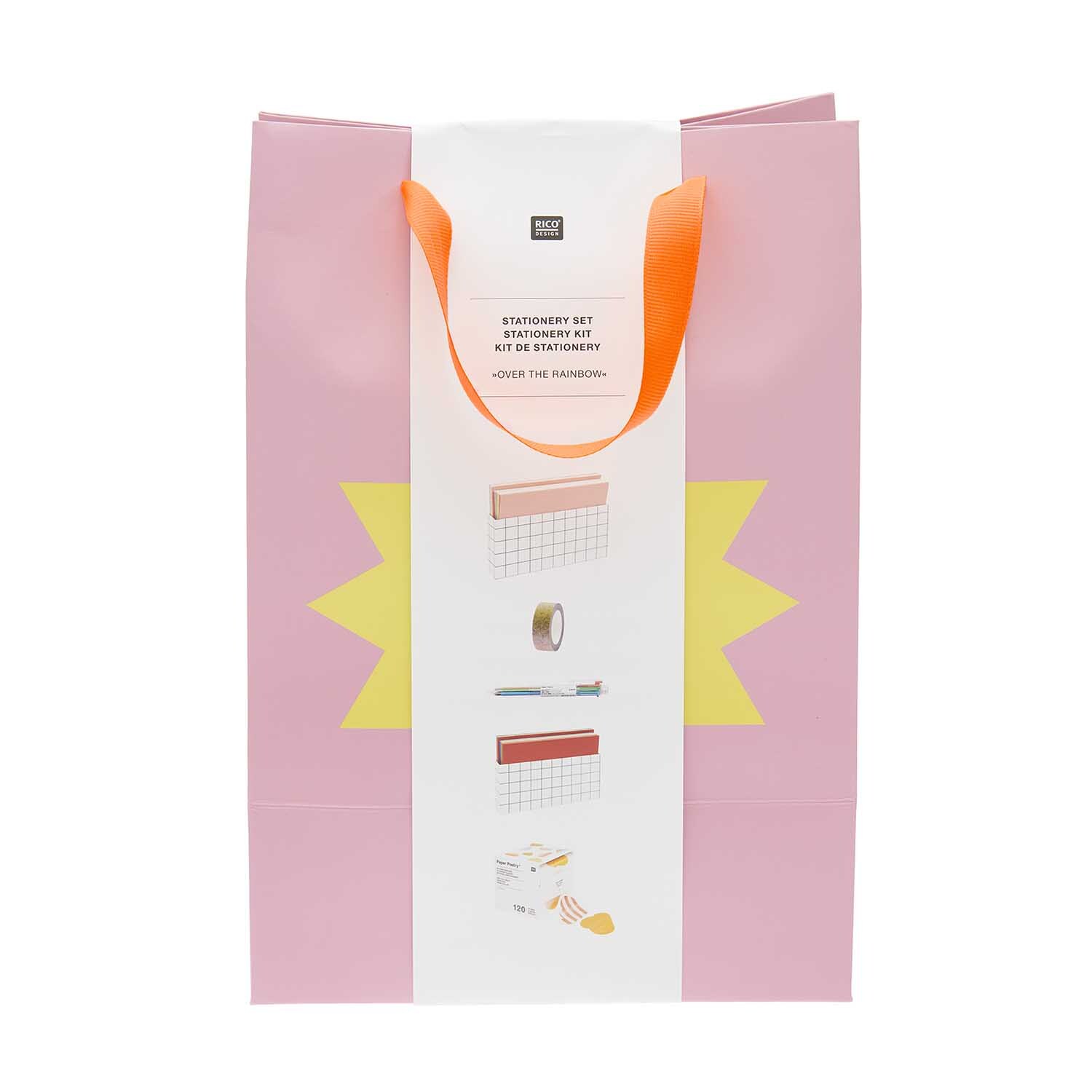 Stationery Set Over The Rainbow: Rosa Geschenktüte mit gelbem Sternmotiv und orangefarbenem Griff von Rico Design.