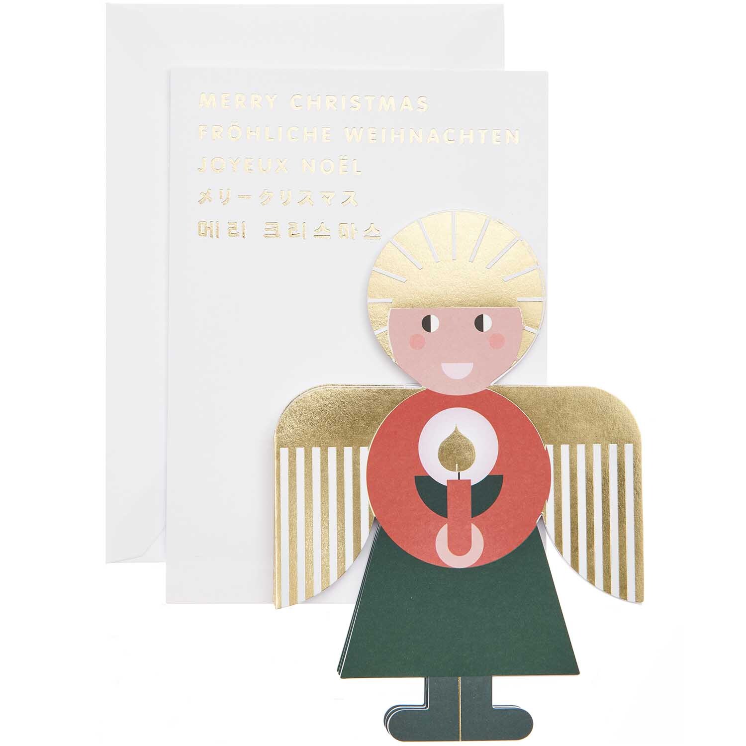Paper Poetry Zickzack-Karte zeigt einen Engel in Rot-Grün mit goldenen Flügeln, ideal für festliche Grüße.