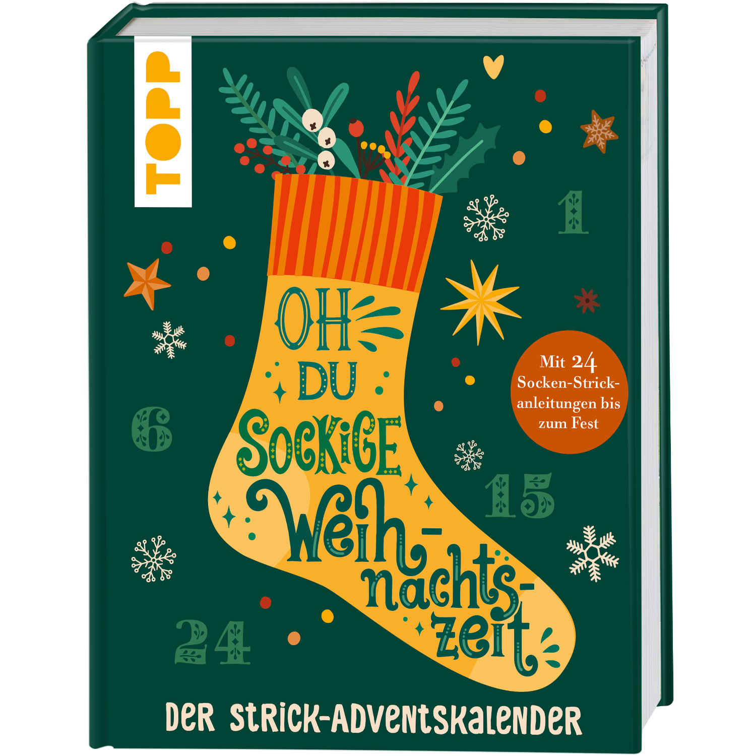 Oh du sockige Weihnachtszeit - Adventskalender: Grünes Buch mit gelber Socke und weihnachtlichen Motiven, Marke TOPP.