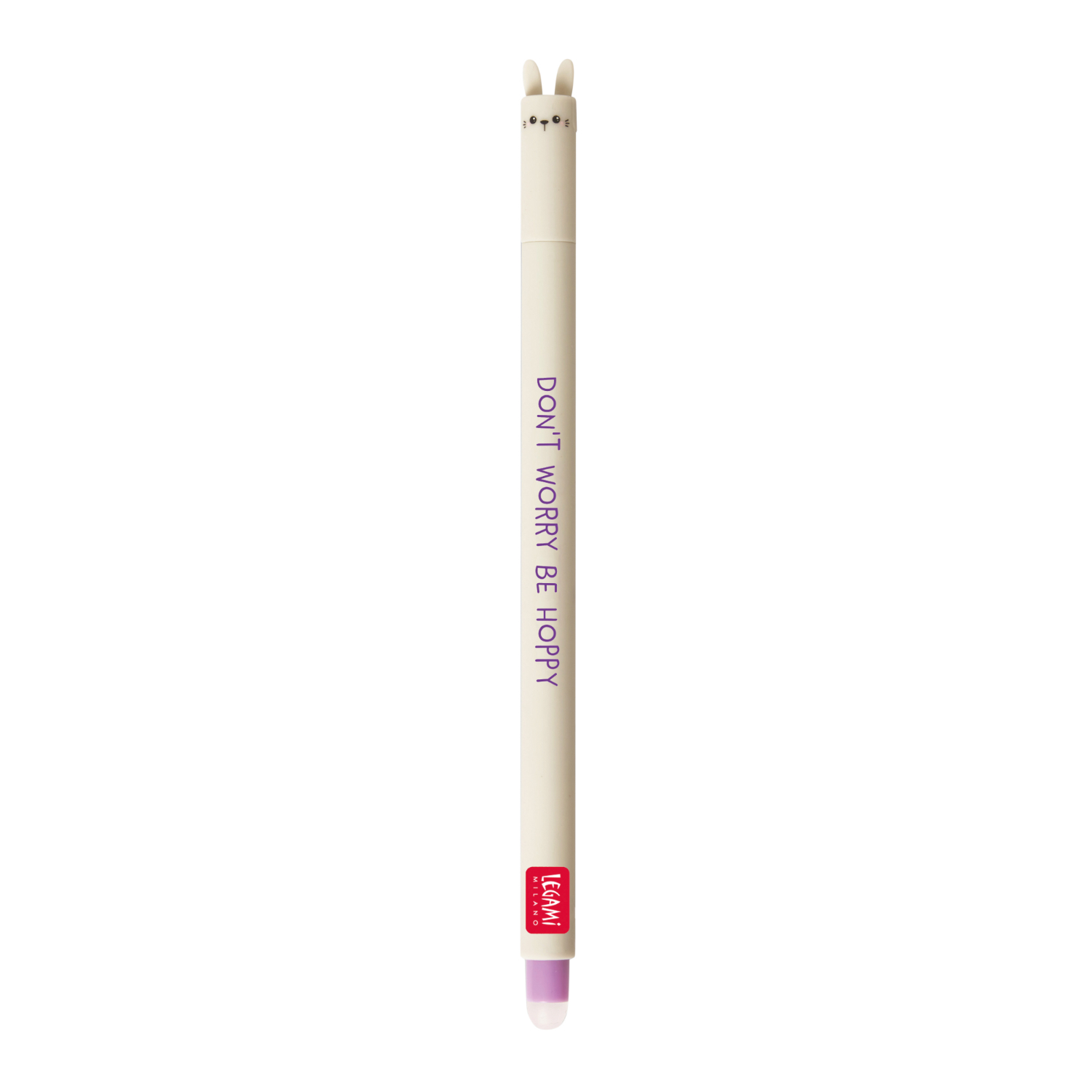 Legami löschbarer Gelstift mit Hasenmotiv, cremefarben, mit der Aufschrift "Don't worry, be hoppy". Ideal für Schule und Büro.