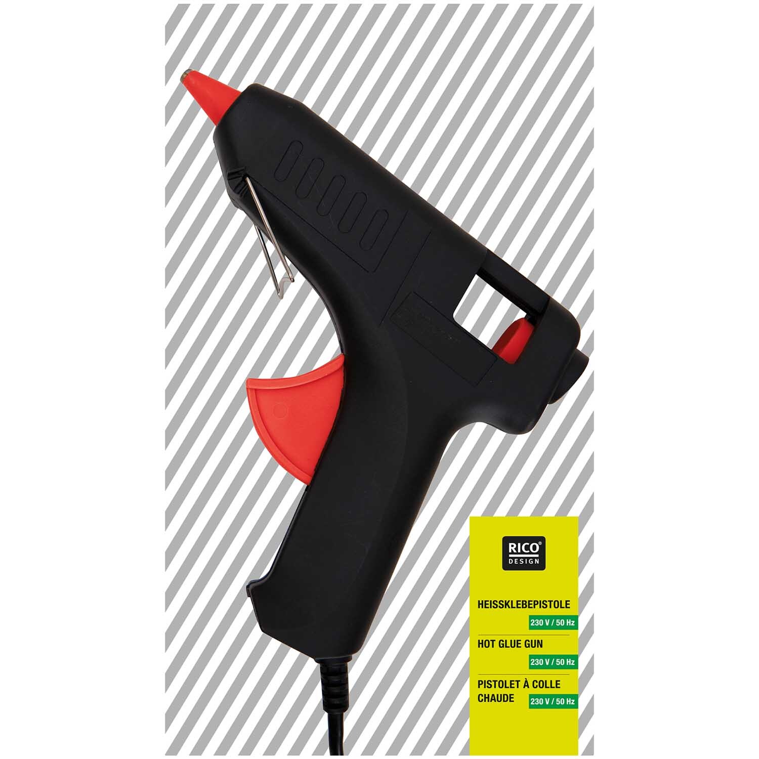 Heißklebepistole groß von Rico Design, schwarz mit rotem Abzug, auf gestreiftem Hintergrund.