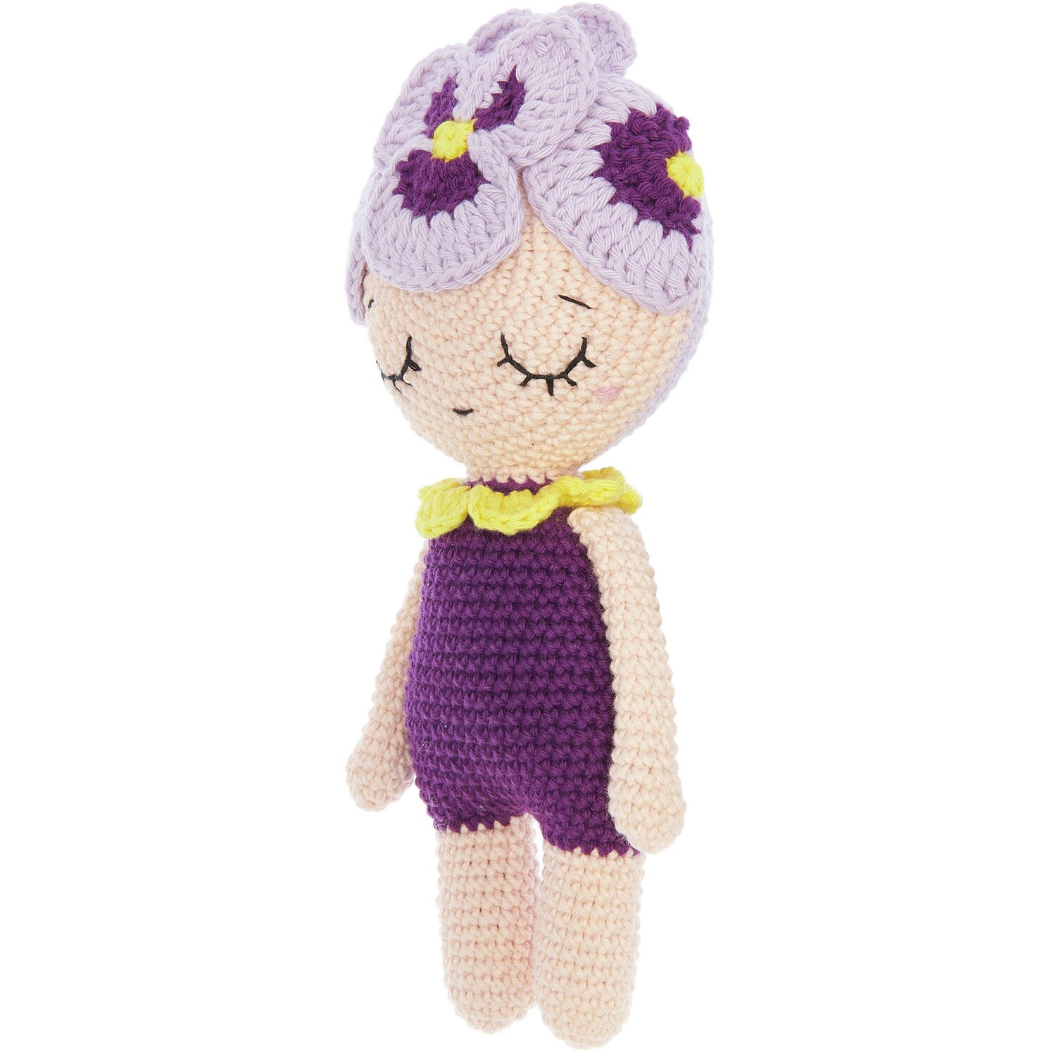Creative Ricorumi dk: Gehäkelte Puppe in Flieder und Lila mit gelben Akzenten, von Rico Design.