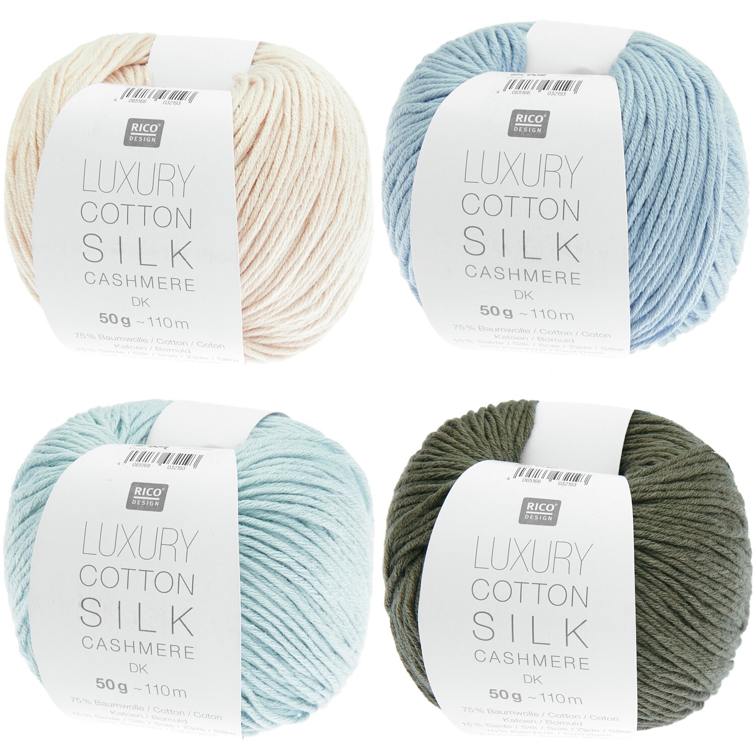Luxury Cotton Silk Cashmere dk Sortiment II, 40-teilig 2kg. Vier Wollknäuel in Elfenbein, Hellblau, Taubenblau und Khaki von Rico Design.