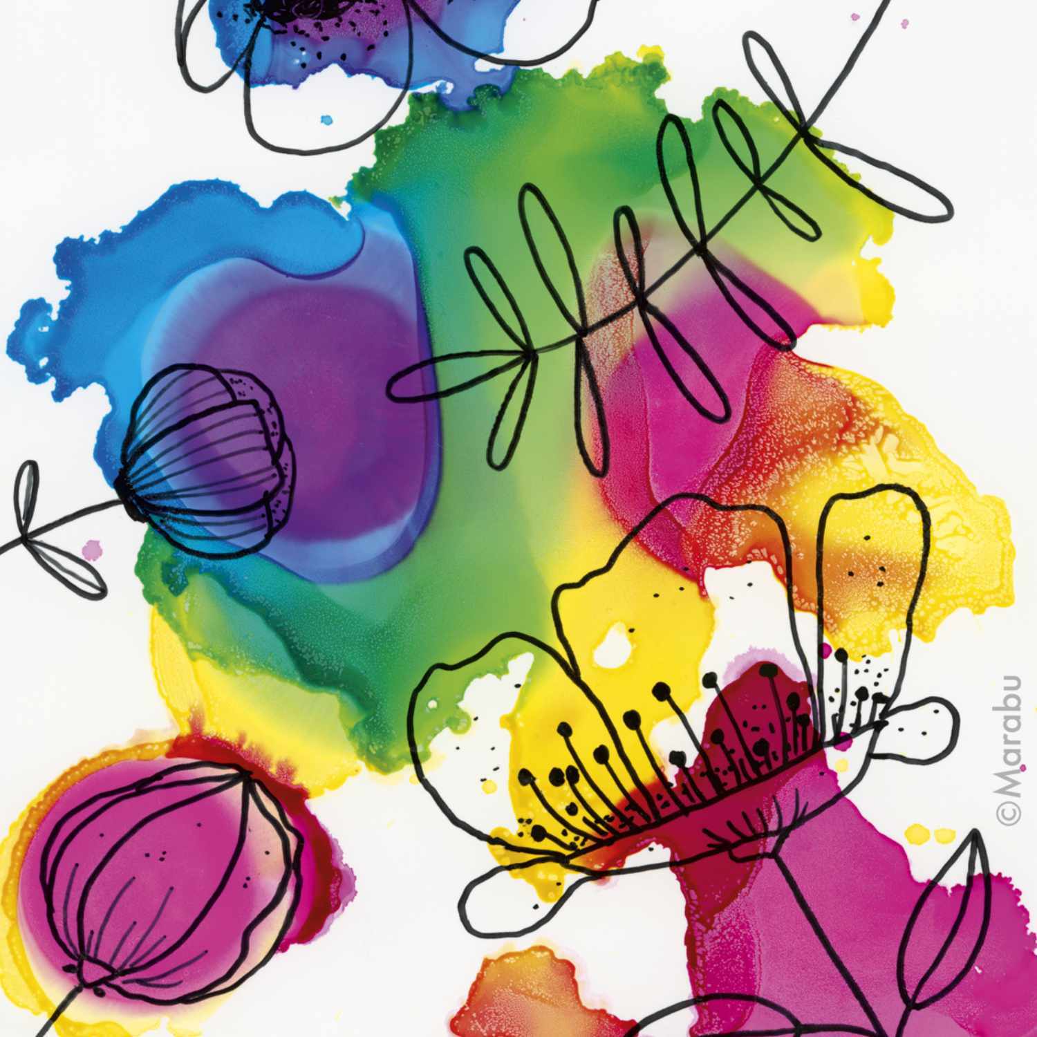 Alcohol Ink Set Flowers: Lebendige, bunte Tintenblumen von Marabu auf weißem Hintergrund.