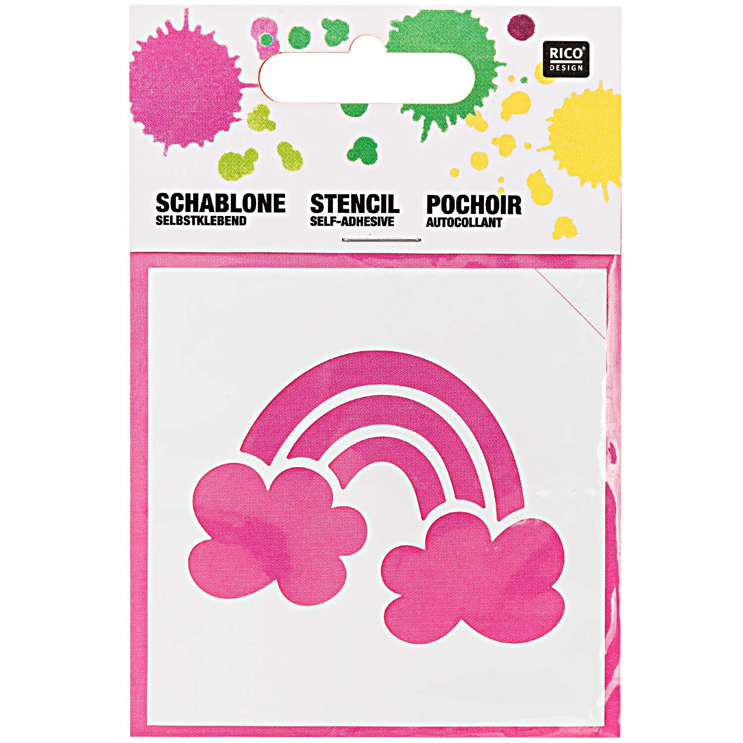 Schablone Regenbogen 7,5x7,5cm selbstklebend von Rico Design zeigt einen pinken Regenbogen mit Wolken.