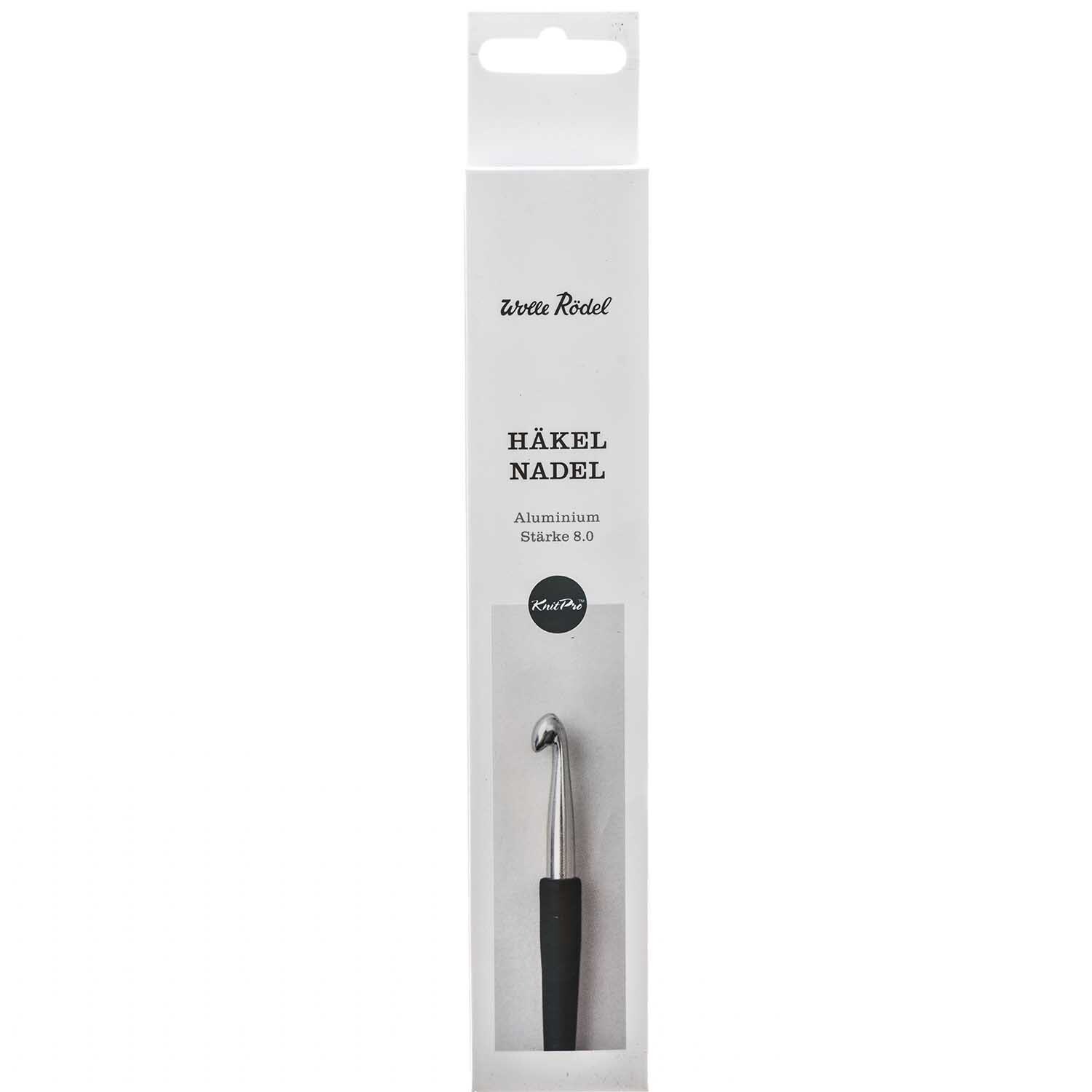 KnitPro Häkelnadel Aluminium in Verpackung, silberne Nadel mit schwarzem Griff, ideal für Handarbeiten.