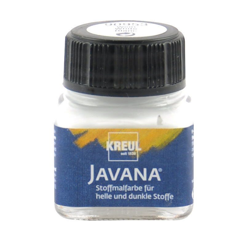 Javana Stoffmalfarbe für helle und dunkle Stoffe, 20ml, in Weiß von KREUL, in einem Glasbehälter mit schwarzem Deckel.