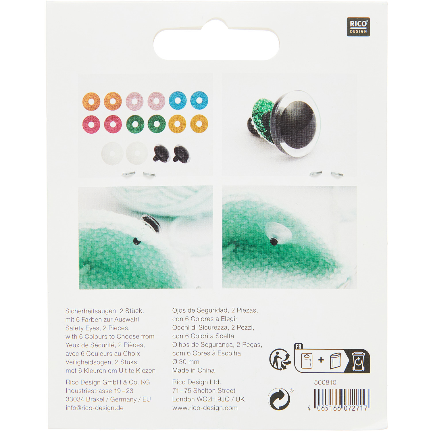 Sicherheitsaugen-Set für Kuscheltiere, 6 Farben, von Rico Design. Enthält 1 Paar 30mm Augen, ideal für DIY-Projekte.