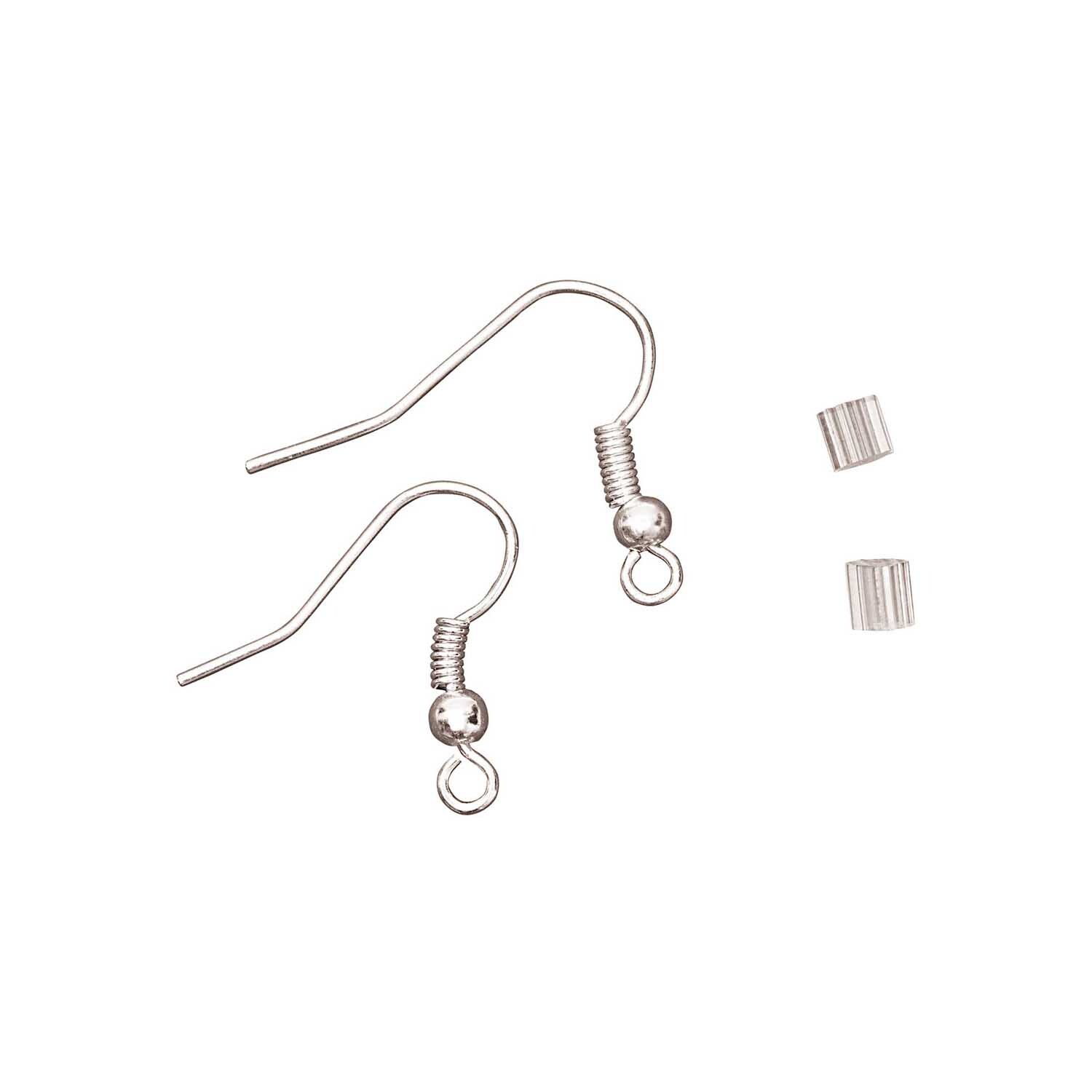 Ohrringhaken silber 2 Stück von Rico Design, bestehend aus zwei Haken und zwei Verschlüssen. Ideal für Schmuckherstellung.