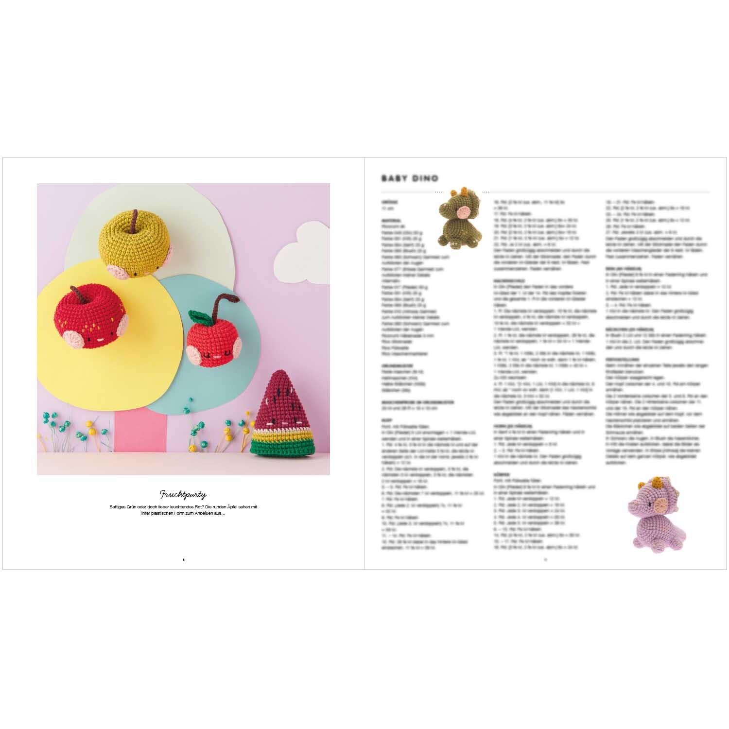 Ricorumi Cute, Cuter, Kawaii deutsch: Bunte, gehäkelte Früchte auf pastellfarbenem Hintergrund von Rico Design.