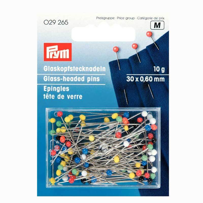 Stecknadeln mit Glaskopf in einer Packung, mehrfarbig, 30mm, 10g, von Prym, auf blauem Hintergrund.