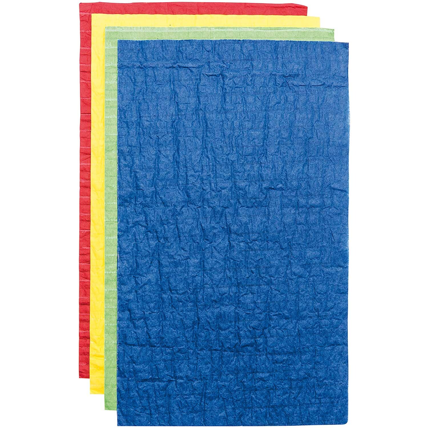 Wabenpapier mehrfarbig Mix 20x33cm 4 Bogen von Rico Design zeigt vier bunte Papierbögen in Blau, Gelb, Grün und Rot.