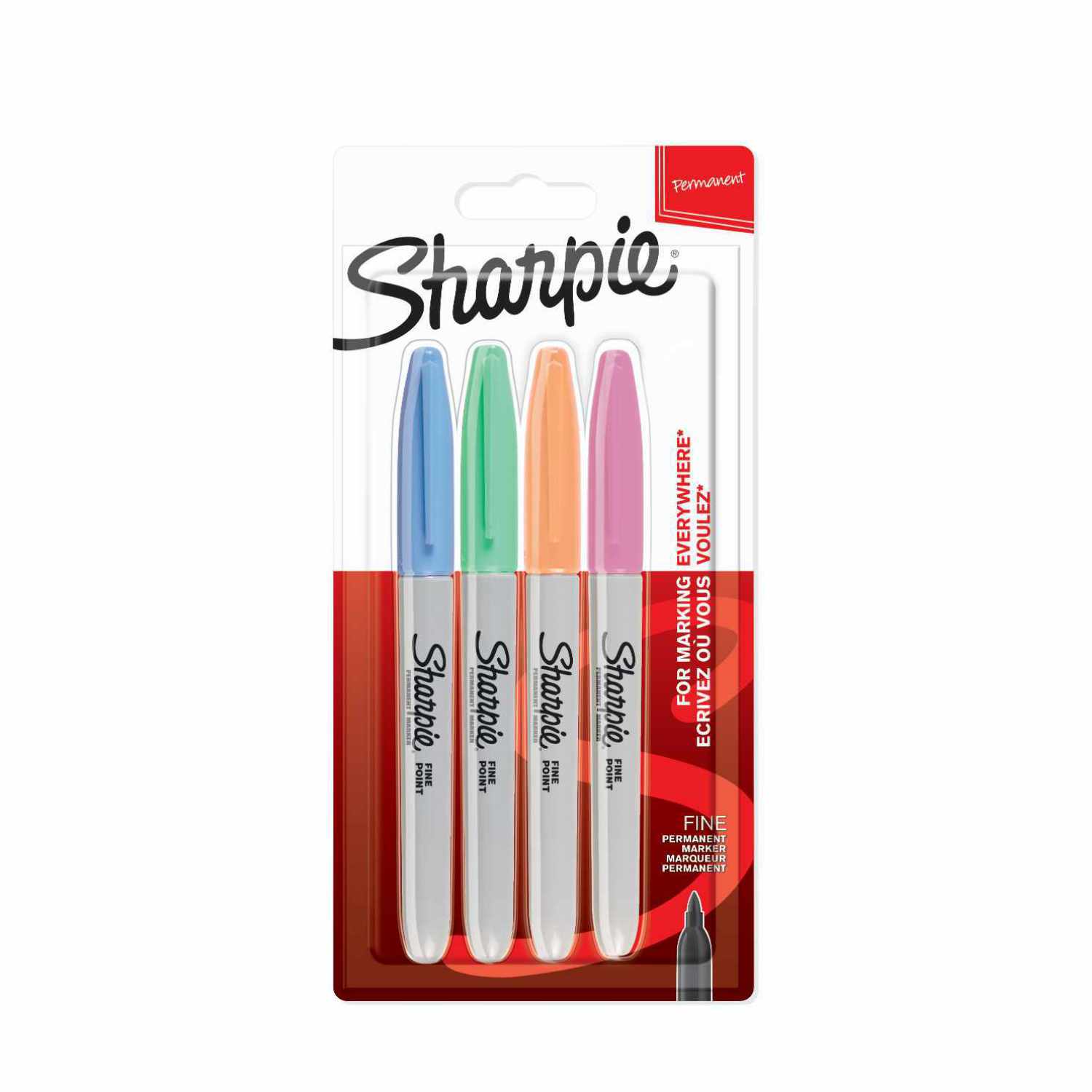 Permanentmarker fein Pastellfarben 4 Stück von Sharpie in Verpackung. Enthält vier Marker in Pastellfarben: Blau, Grün, Orange und Rosa.