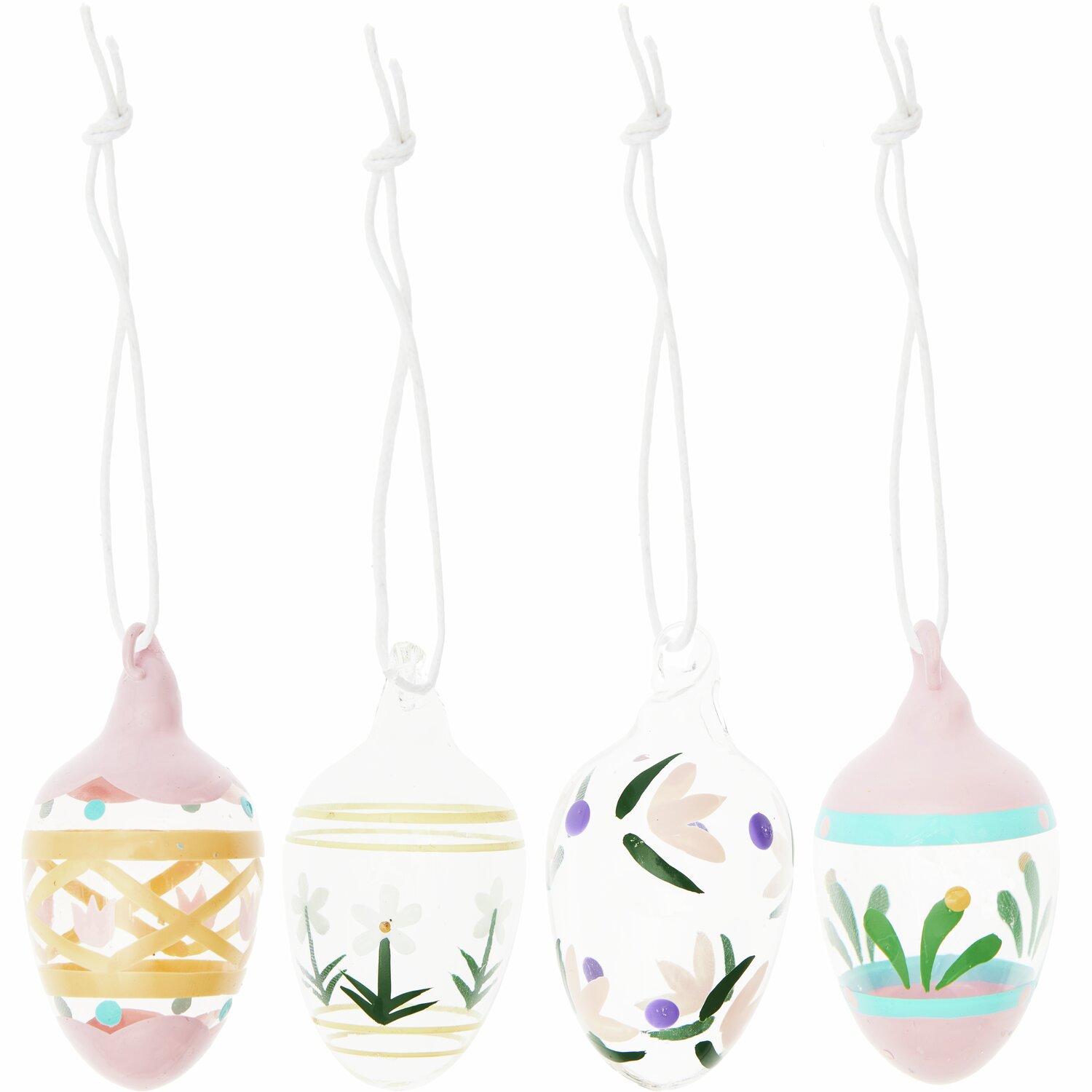 Glas Eier Blumen handbemalt, 4-teilig, mit floralen Mustern und zarten Pastellfarben dekoriert.