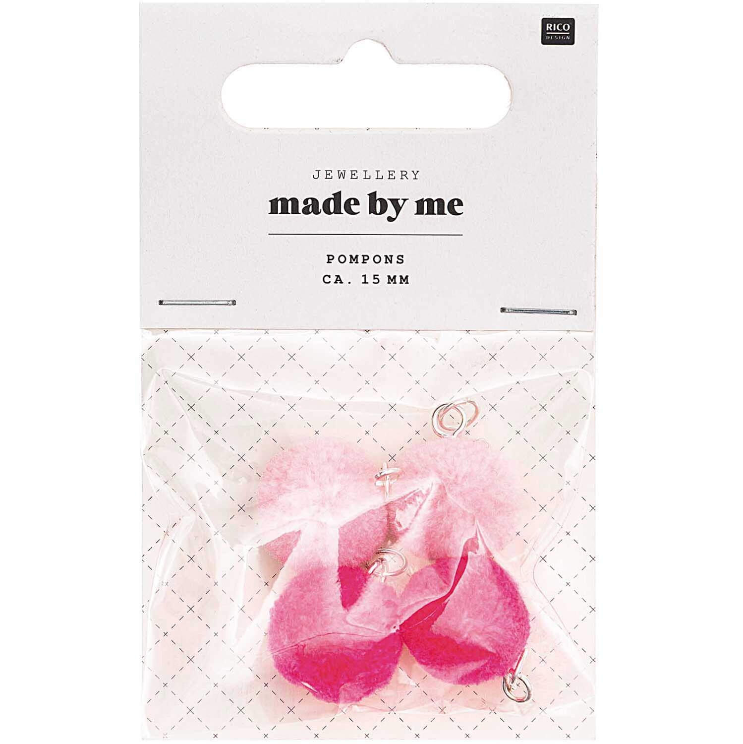 Mini-Pompons mit Öse 1,5cm 4 Stück in Neon-Pink von Rico Design, verpackt in einer transparenten Tüte. Ideal für kreative Bastelprojekte.