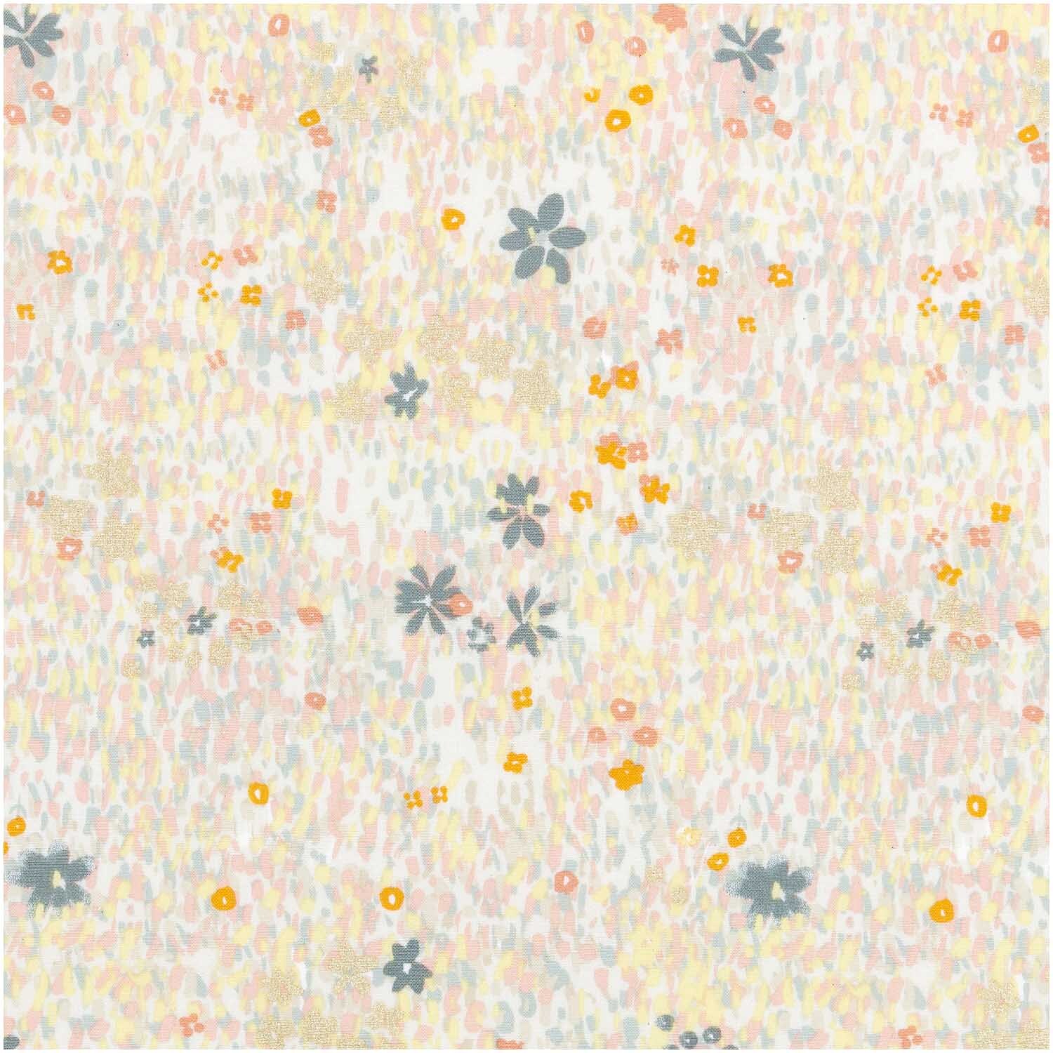 Druckstoff Crafted Nature Blumenwiese grau metallic 140cm zeigt ein florales Muster in sanften Farben. Ideal für kreative Nähprojekte.