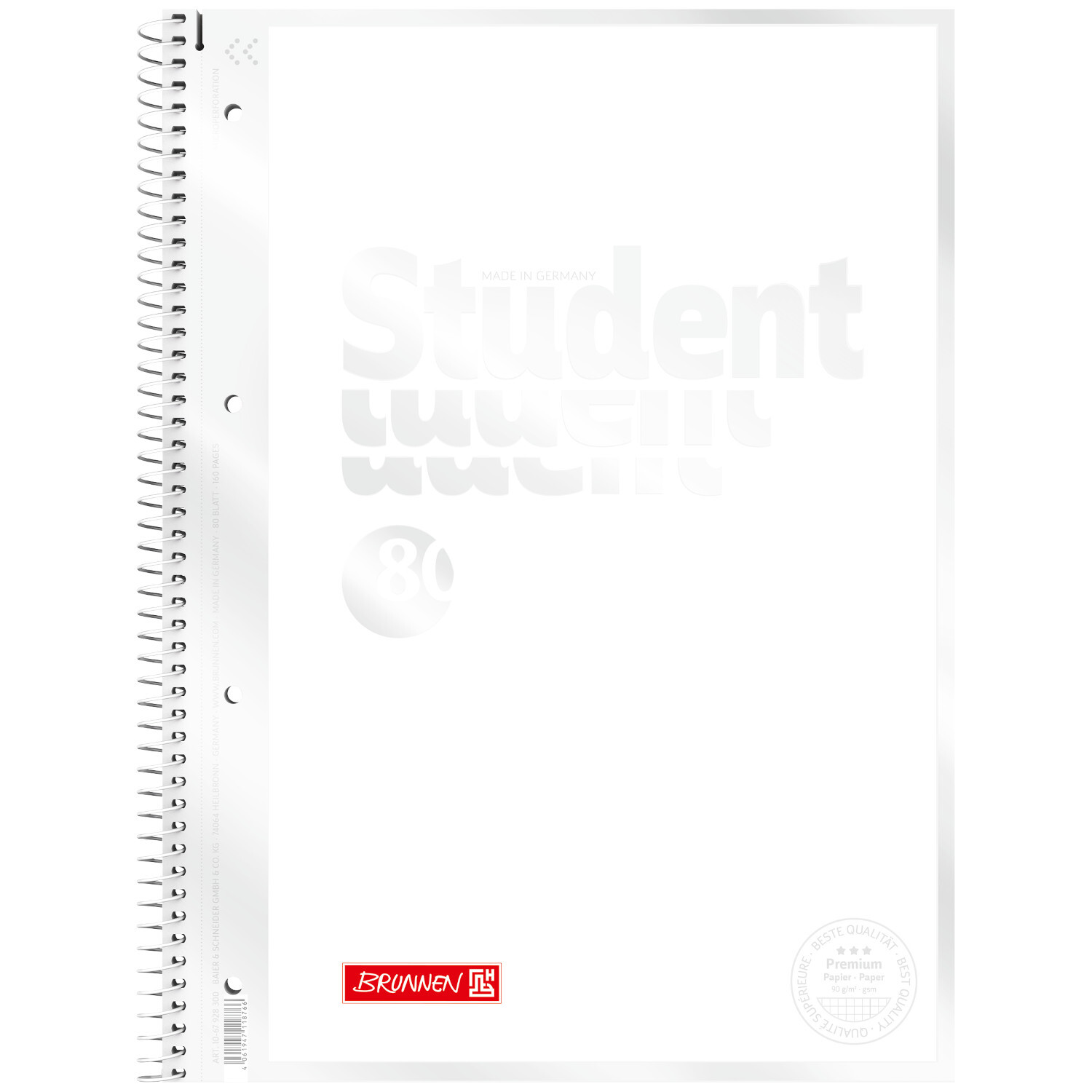 Collegeblock Premium Student kariert, A4, 80 Blatt. Weißes Cover mit Brunnen-Logo unten.