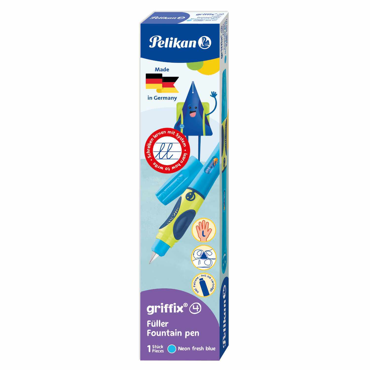 griffix® Füller für Linkshänder in leuchtendem Blau, ideal für Kinder, von Pelikan, in einer bunten Verpackung.