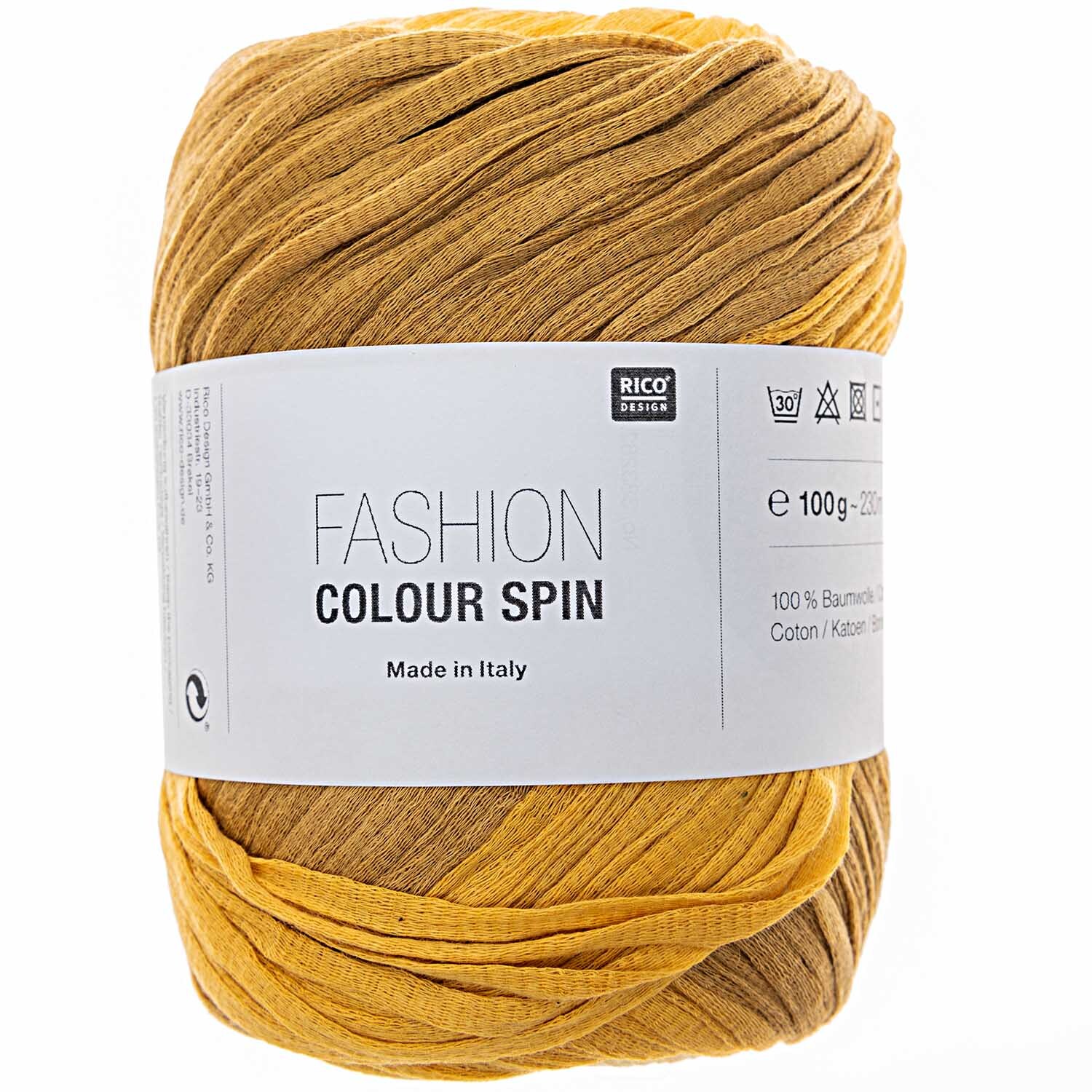 Fashion Colour Spin: Gelbes Garn von Rico Design, 100g, 200m, ideal für kreative Strickprojekte.