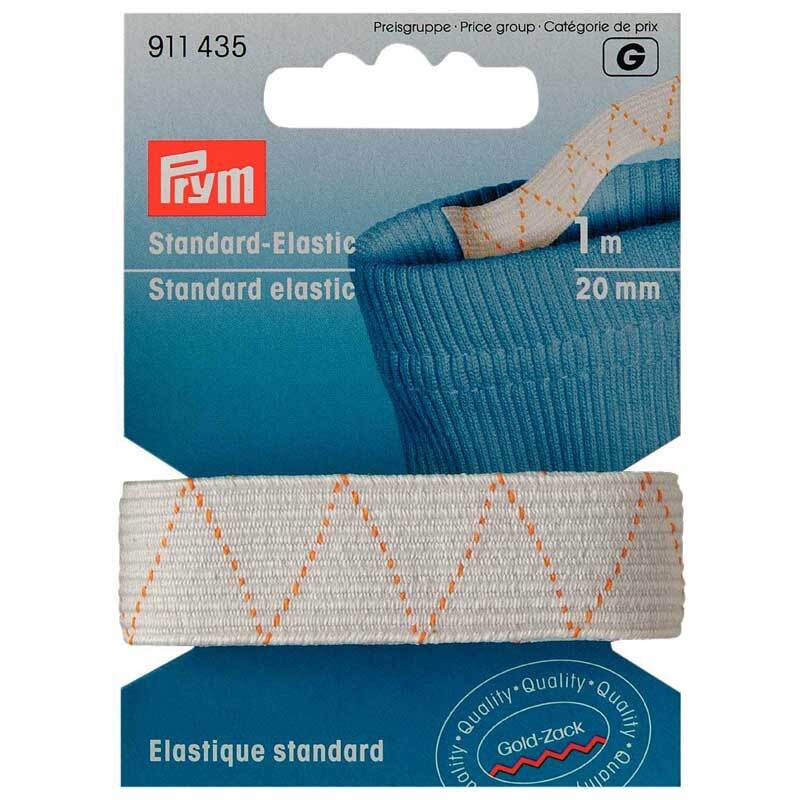 Standard-Elastic Gummi weiß 20mm 1m von Prym, auf einer blauen Verpackung mit orangefarbenem Muster. Ideal für Nähprojekte.