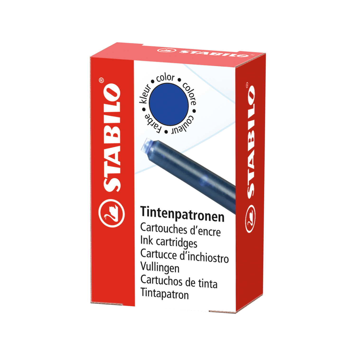 Stabilo Tintenpatronen Blau, 6 Stück in roter Verpackung mit Markenlogo und blauer Patrone.