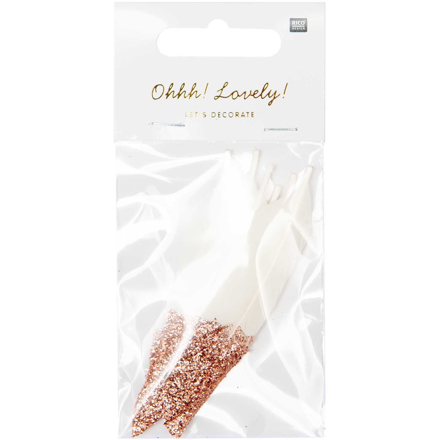 Federn ca. 8cm 6 Stück in Weiß-Roségold, verpackt in einer transparenten Tüte von idee. Creativmarkt.