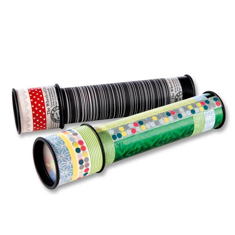 Kaleidoskop Bausatz: Zwei bunte Kaleidoskope, eines mit Streifen, das andere mit Mustern, 35-teilig.