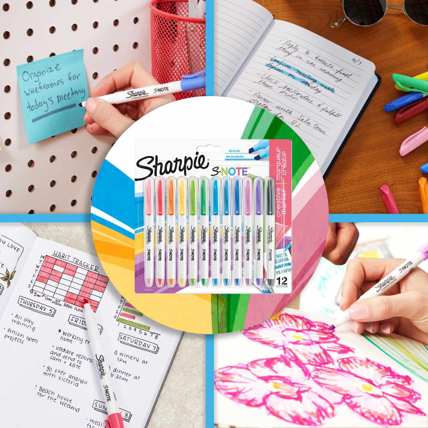 Marker S-Note 12 Stück: Verschiedene Anwendungen von Sharpie-Markern, darunter Notizen, Zeichnungen und Planer.