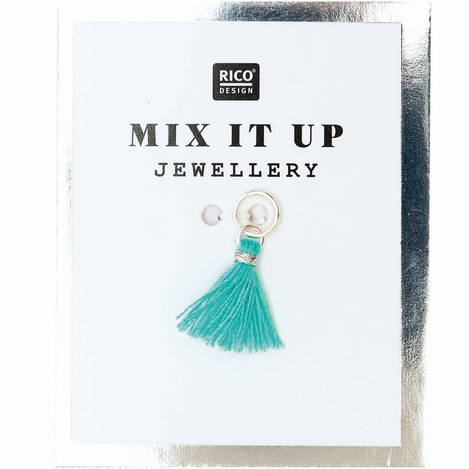Mix it Up - Jewellery Mini-Quaste 11mm von Rico Design in Silber-Türkis auf weißem Hintergrund.