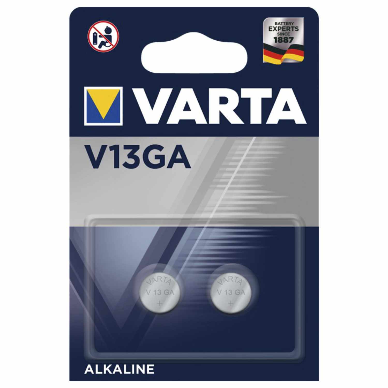 Alkaline Knopfzelle LR44 V13GA 2 Stück von VARTA in Blisterverpackung mit blauem Design.
