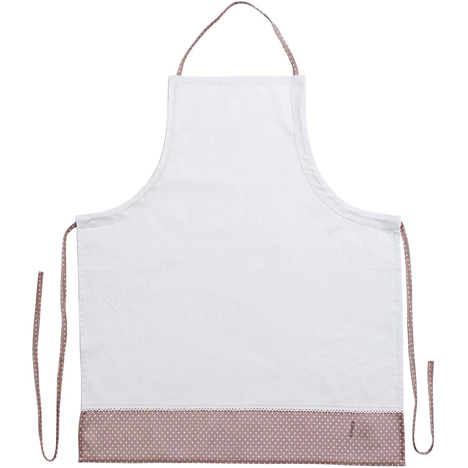 Schürze weiß-braun gepunktet 70x85cm von Rico Design. Weiße Schürze mit braun gepunktetem Saum und Bändern. Ideal für Küche und Handwerk.